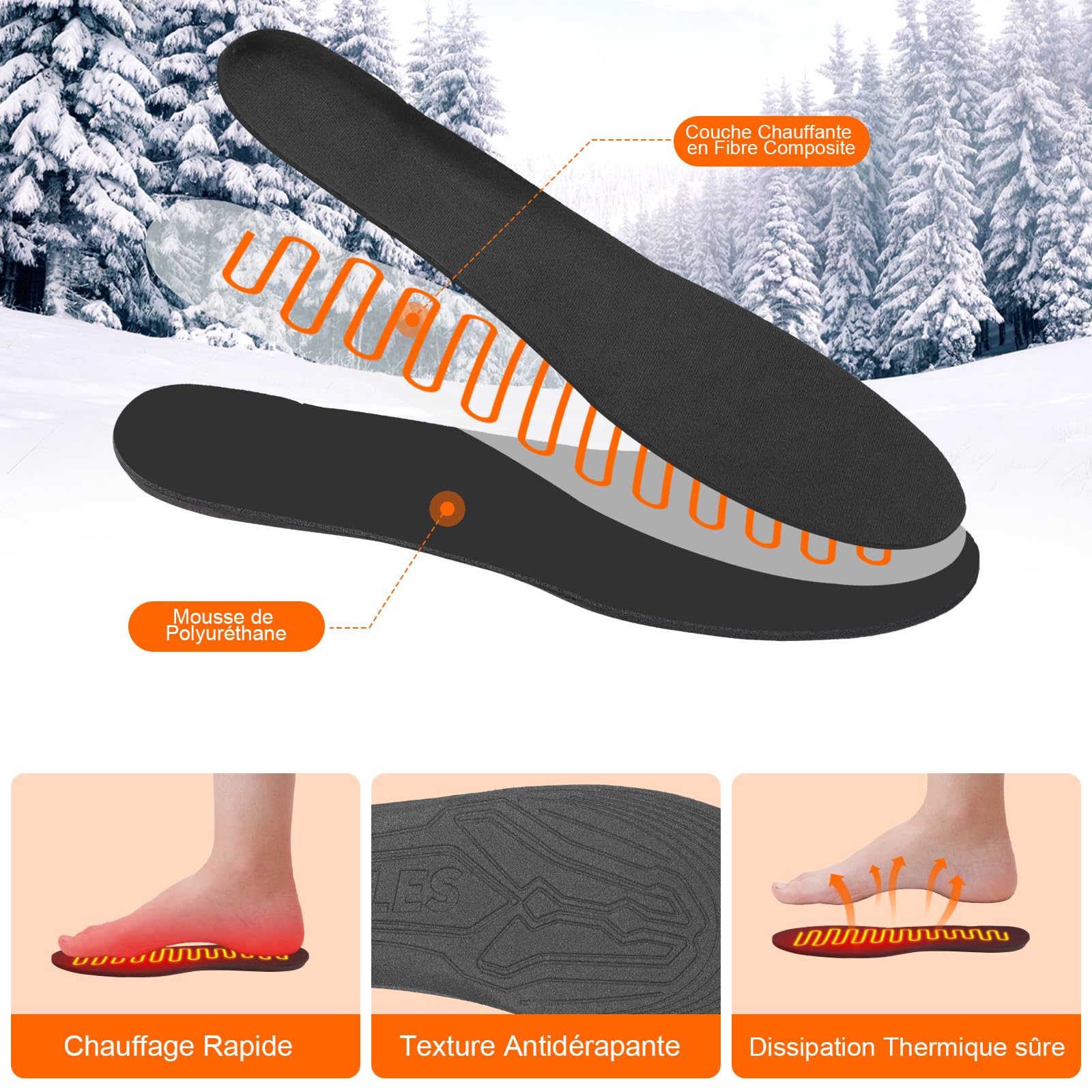Semelles Chauffantes Rechargeables Batterie Externe 4 Niveaux de Température Chauffe-Pieds, Taille à Découper : 36-47, Lavable
