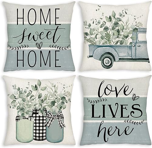 Juego de 4 fundas de almohada de hojas de eucalipto de 18 x 18 pulgadas, fundas de almohada decorativas para el hogar, decoración de casa de campo