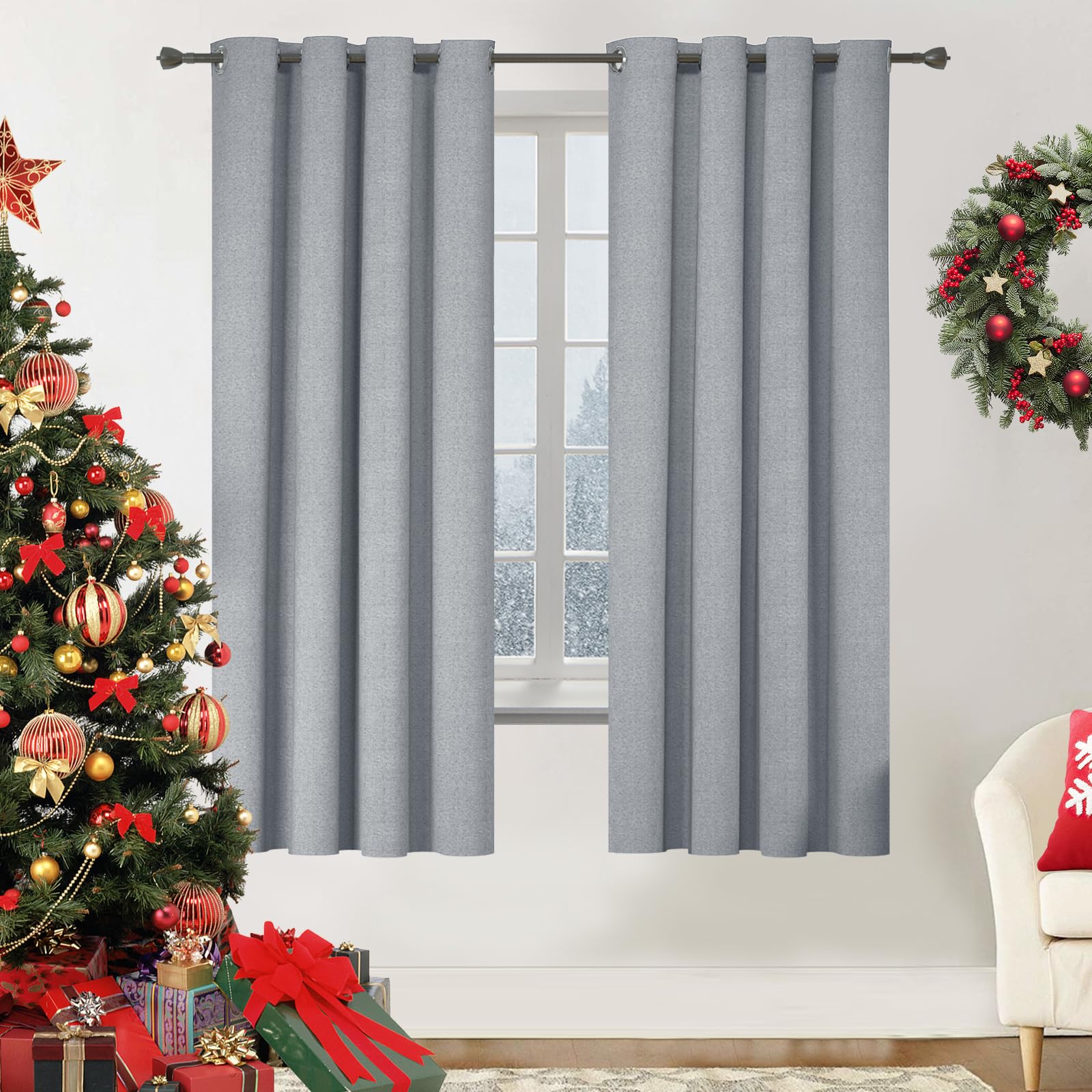 YSTELLAA Tende 100% Oscuranti Per Interni 2 Pezzi, 140×240cm, Effetto Lino, Tende Termiche, Con Anelli, Tenda Termica Isolante Freddo E Caldo, Fonoassorbenti, Moderne, Grigio Chiaro