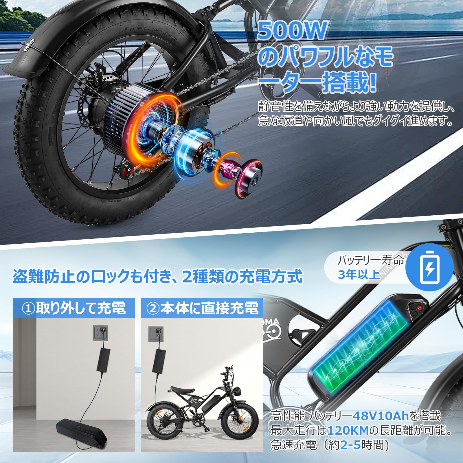 Amazon | 電動アシスト自転車 20インチ 極太タイヤ 500Wモーター