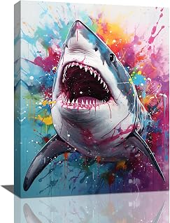 Shark Wall Art Ocean Shark Pictures Wall Decor Natical Coastal Canvas Print Painting Home Decoration Artwork For Living Room Office Bedroom Bathroom Framed 12"X16"