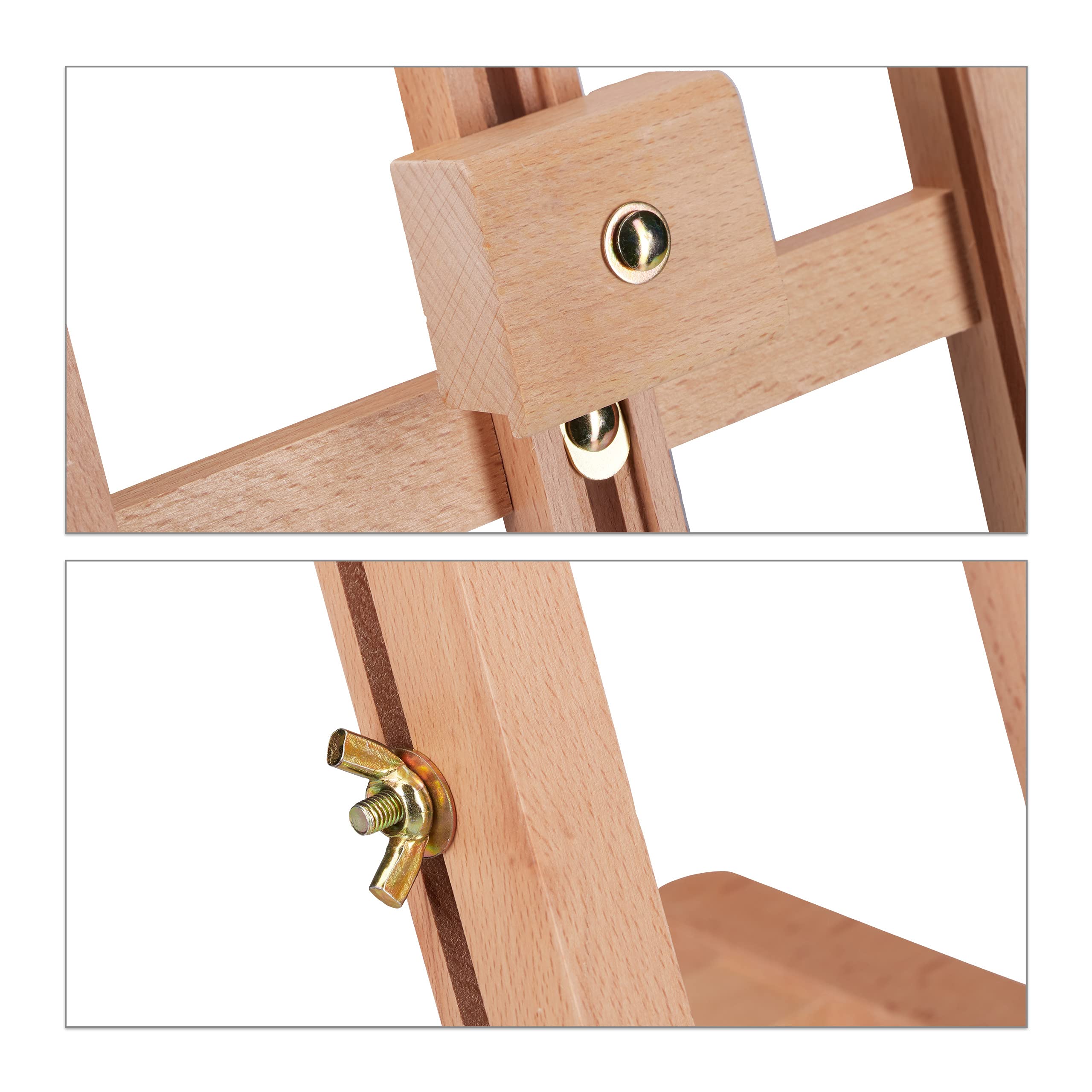 Relaxdays Cavalletto Pittura da Tavolo, Espositore Regolabile per Formati A3, Mini Segnatavolo, Legno di Faggio, Marrone