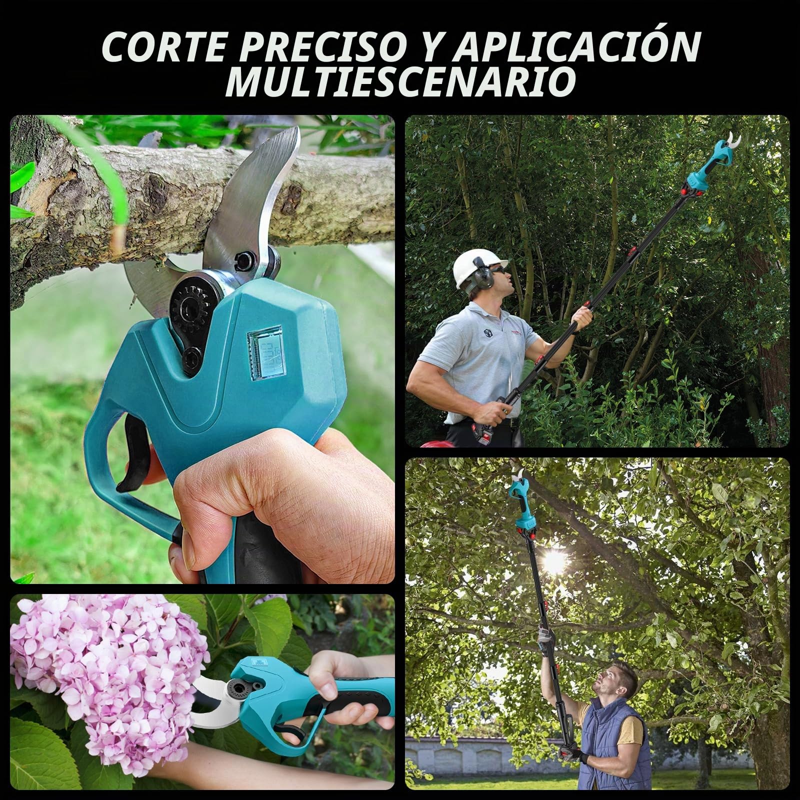 Tijera de podar eléctrica de 40MM, Tijeras de podar eléctricas Profesionales de con pértiga telescópica de 2.2 m Compatible con Makita 18V batería, Podadora Electrica/Pantalla LCD para Jardinería