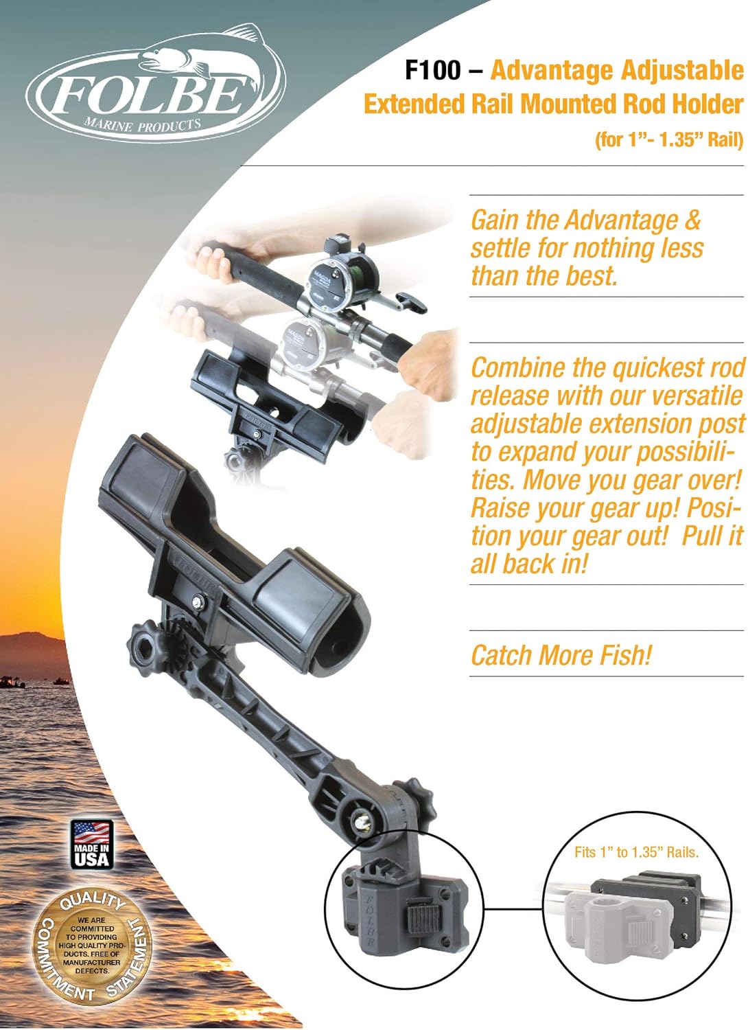 Folbe F100 - Advantage Adjustable Extended Rail Mounted Rod Holder - for 1.040"-1.35" Round Railing