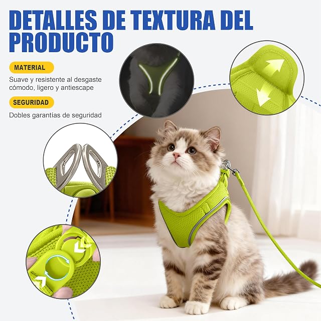 Foto 5 de 7 de Arnés para Gatos con Correa 255cm XXS (Pecho 27-34cm) Verde Limón