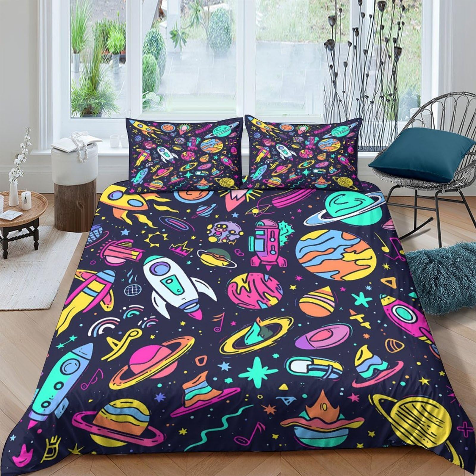 Ctjqhvkz Style-1 3D Printed Space Rocket Fitted Sheet Microfiber Soft Colorful Planet Mattress Cover For Bedroom Dorm Decor Single（135X200cm）