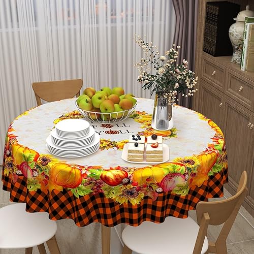 Miniatura 6 de Mantel redondo con diseño de calabaza de otoño de 60 pulgadas, diseño de girasoles de Acción de Gracias, color naranja, a cuadros, lavable,