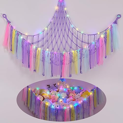 Miniatura 8 de FIOBEE Red de animales de peluche o hamaca con luz LED, hamaca de juguete colgante para animales de peluche, organizador de almacenamiento para