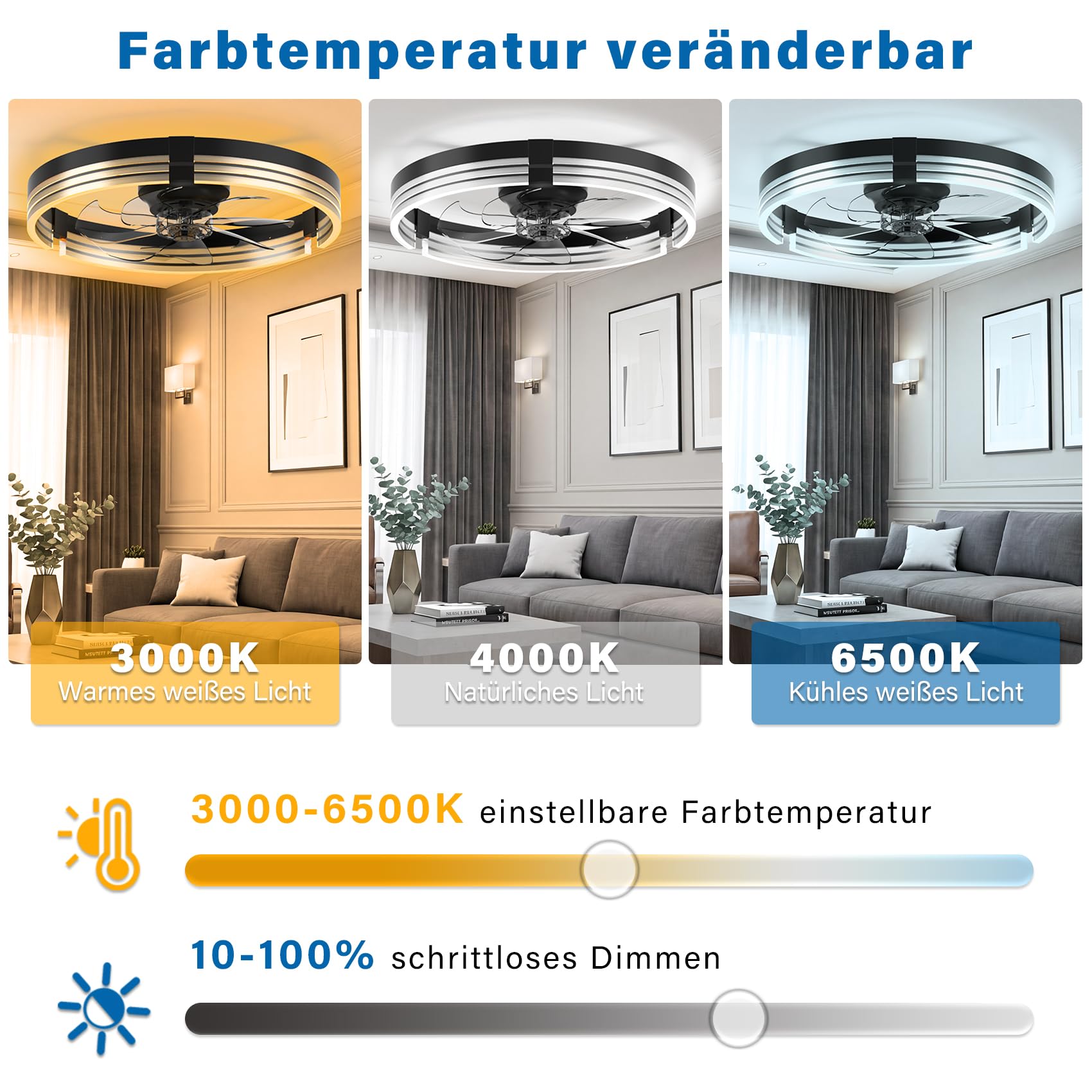 Moderner LED Deckenventilator mit Beleuchtung und Fernbedienung, 50cm, 6 Geschwindigkeiten dimmbar 3000-6500K, leise, Schwarz