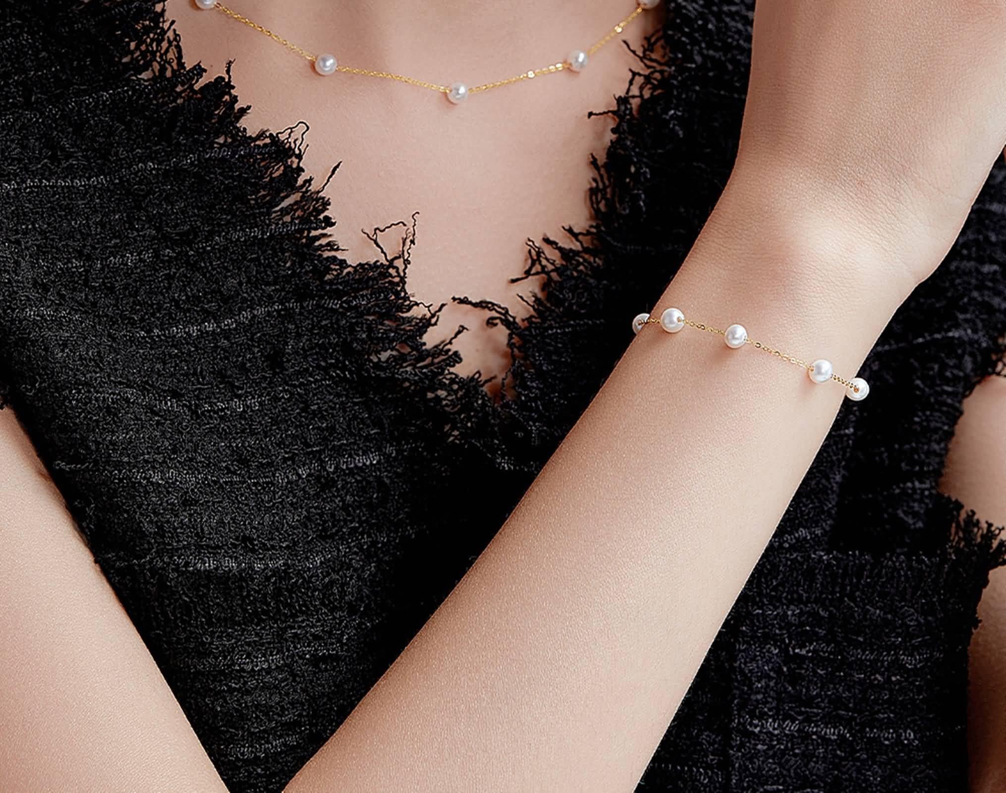 Pulsera de cadena para mujer, cadena de oro amarillo con pulsera de perlas de 4 a 5 mm