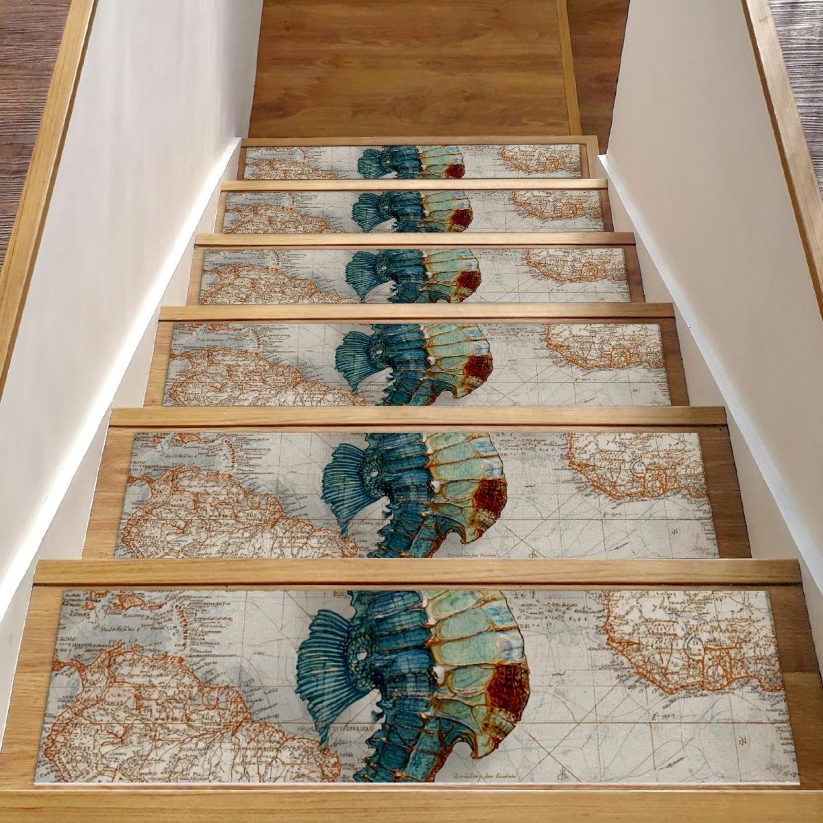 Lot de 15 marches d'escalier antidérapantes haut de gamme 20,3 x 76,2 cm hippocampe vintage