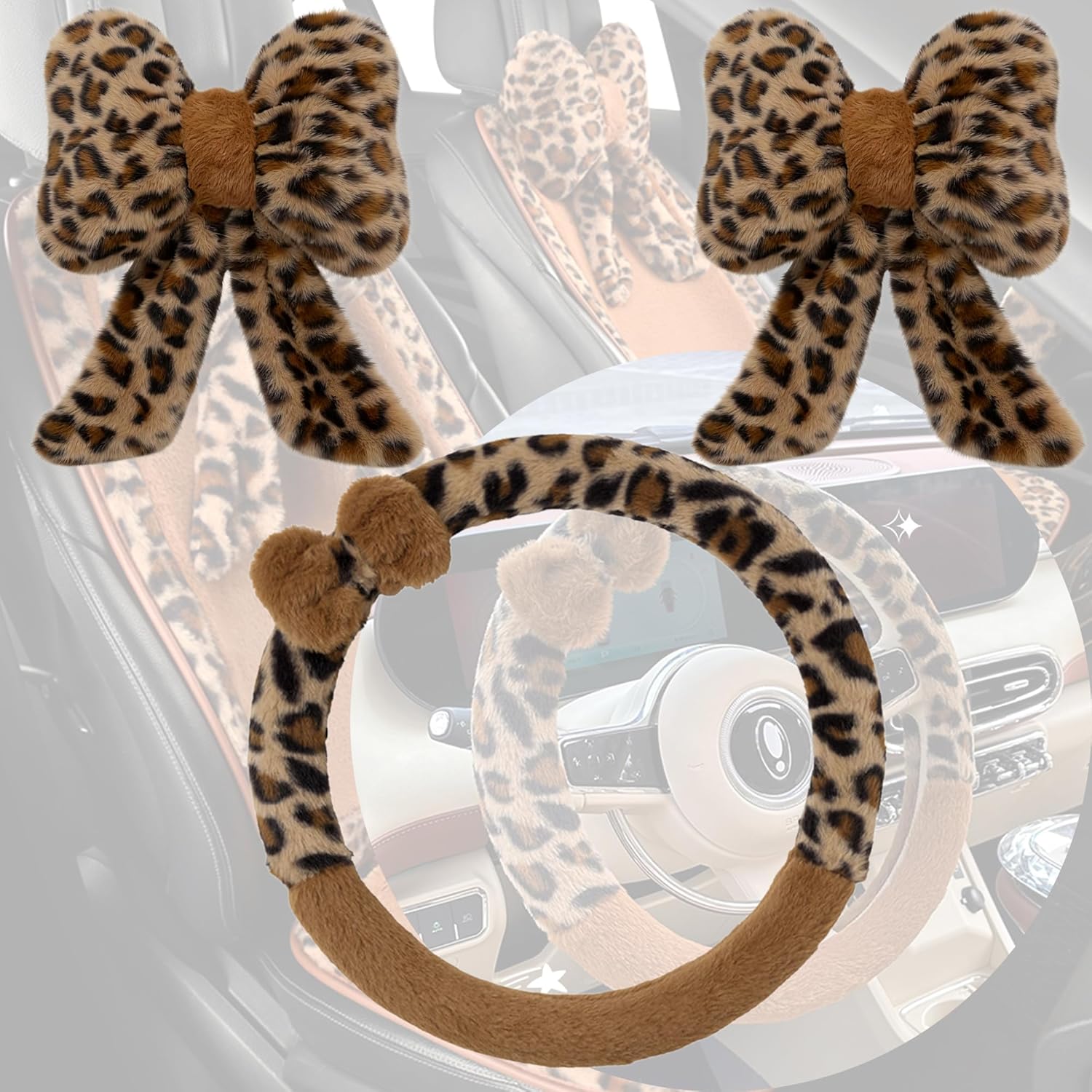 Car Steering Wheel Cover with Leopard Print & Cute Bowknot Soft Anti-Slip Y2K Retro Luxury Fluffy Fur Car Interior Accessory (Leopard Set 3)