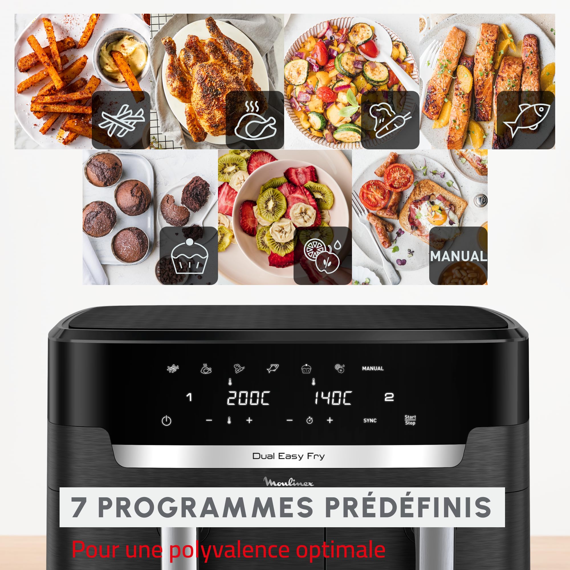 Moulinex XXL Dual Easy Fry 11L: podwójny kosz frytkownica powietrzna +8 osób, dwa kosze (6,5 l + 4,5 l), 7 programów automatycznych, EZ9428F0