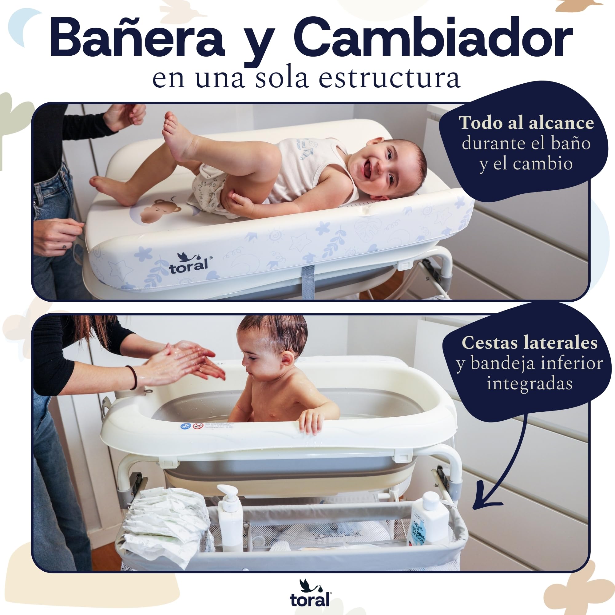 toral Bañera bebe plegable con cambiador y patas regulables - Bañera cambiador bebe plegable con termómetro, ruedas con freno y almacenamiento - Ideal para recién nacidos y bebés hasta 36 meses