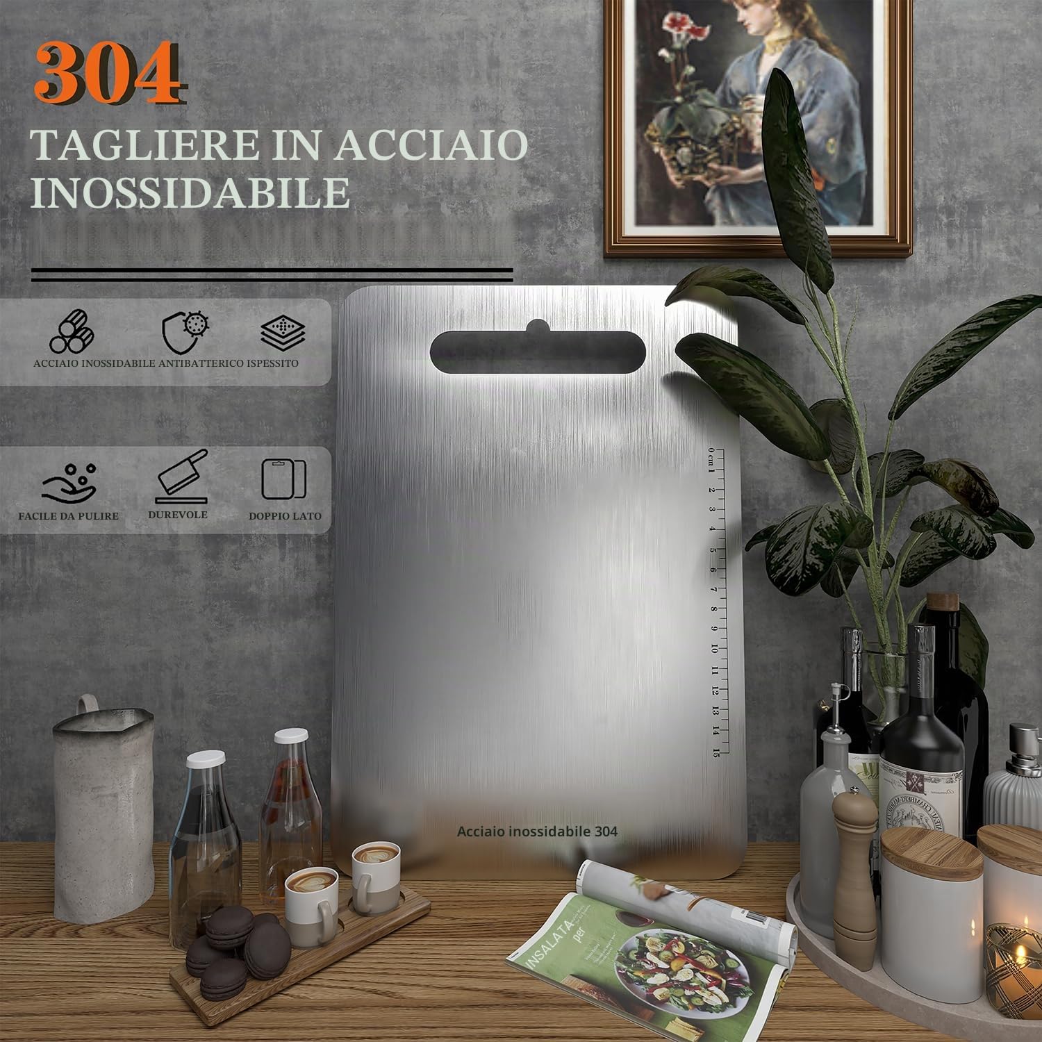 Tagliere in acciaio inossidabile 304, prodotti senza BPA, antibatterici e sostenibili, senza plastica, Tagliere da cucina con bilancia Igiene e Durata Tagliere, Tagliere in Acciaio Inox Alimentare