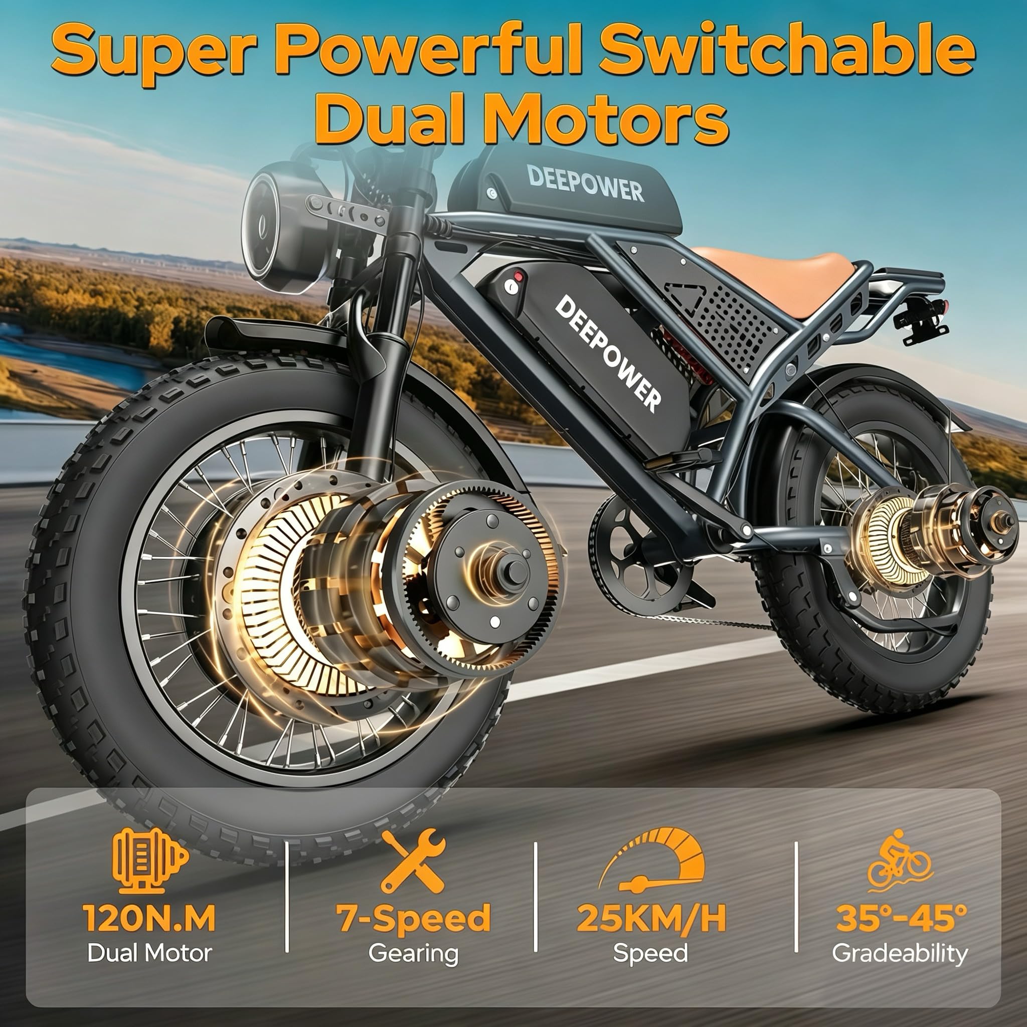 DEEPOWER Bicicleta Eléctrica, 20" Fat Tire, Batería Extraíble 48V 60Ah, Autonomía 160-200 KM, 7 Velocidades, Doble Motor y Suspensión Completa, Bicicleta eléctrica para Adultos y Hombres