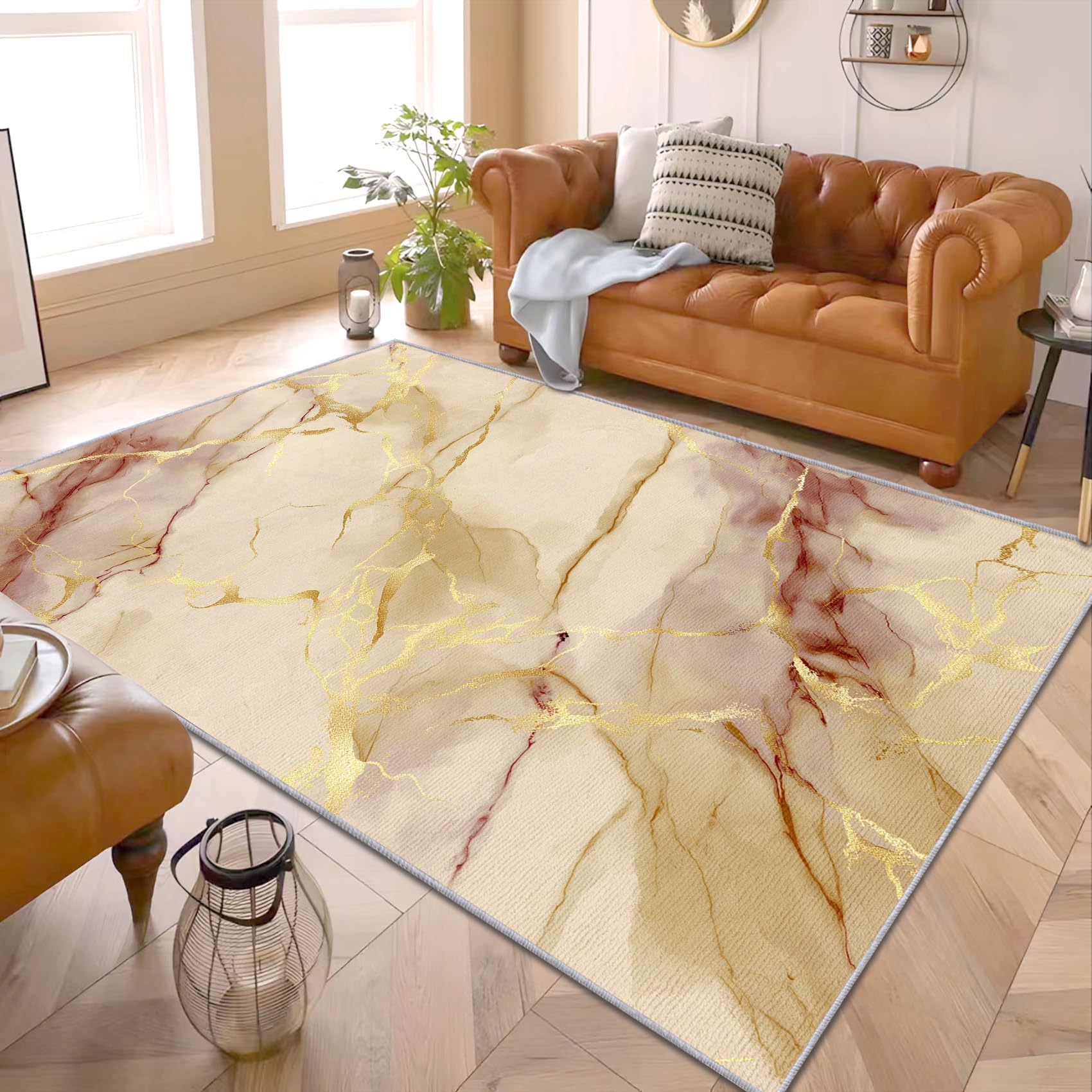 Tapis de Chambre marbre 90x180cm crème et Or Bordeaux, Tapis Salon Abstrait Moderne, Moquette de Sol Doux à Poils Courts, Lavable et antidérapant pour Cuisine, entrée et paillasson