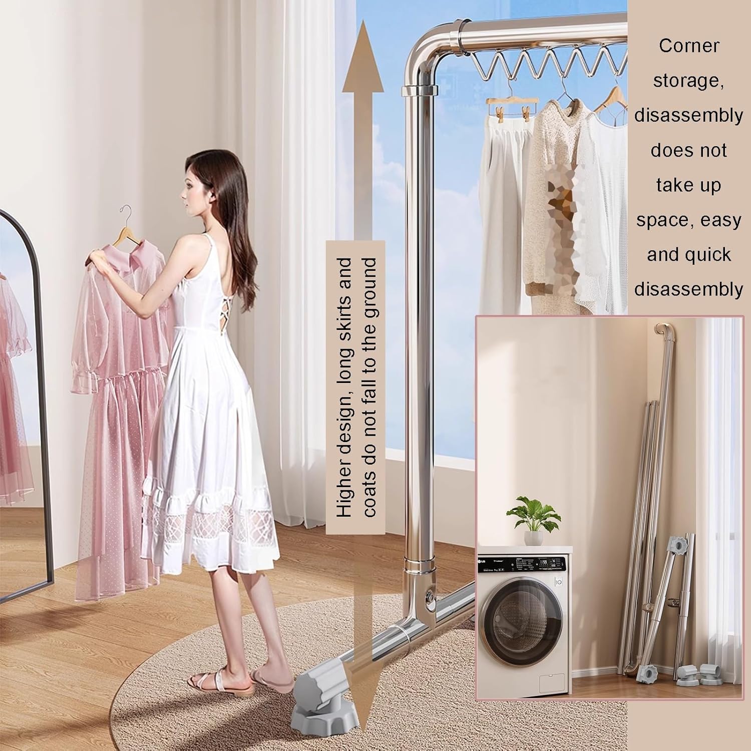 Heavy Duty Clothes Drying Rack with Windproof Hooks – Versatile Indoor/Outdoor Laundry Stand for Clothing Blankets Sheets & Towels – Spacious 160x53x150CM Design