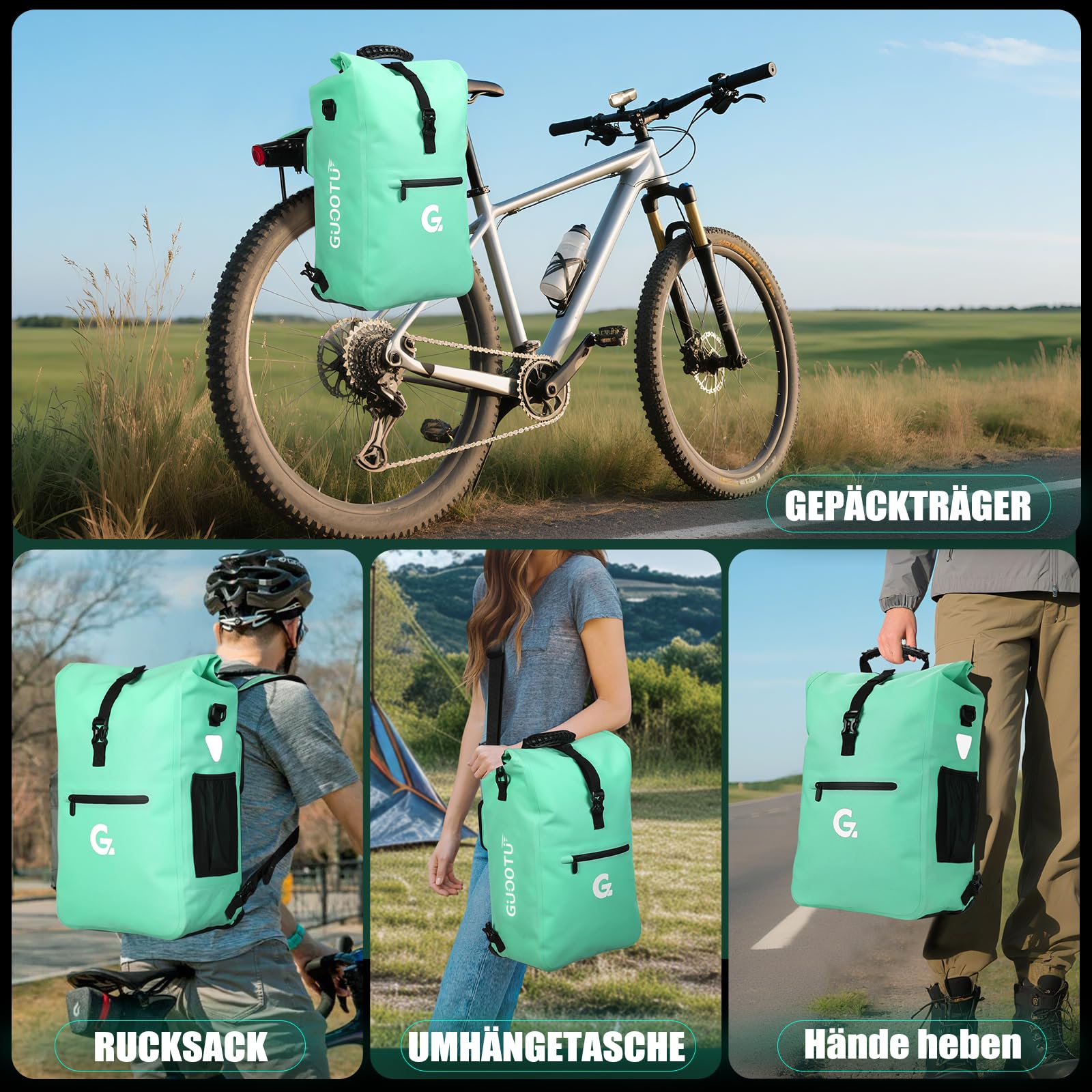 GUOOTU 3in1 Fahrradtasche für Gepäckträger,Fahrradtasche Rucksack 28L,Gepäckträgertasche, wasserdichte & Reflektierende Fahrradtasche - Mit 15.6" Laptopfach (Grün)