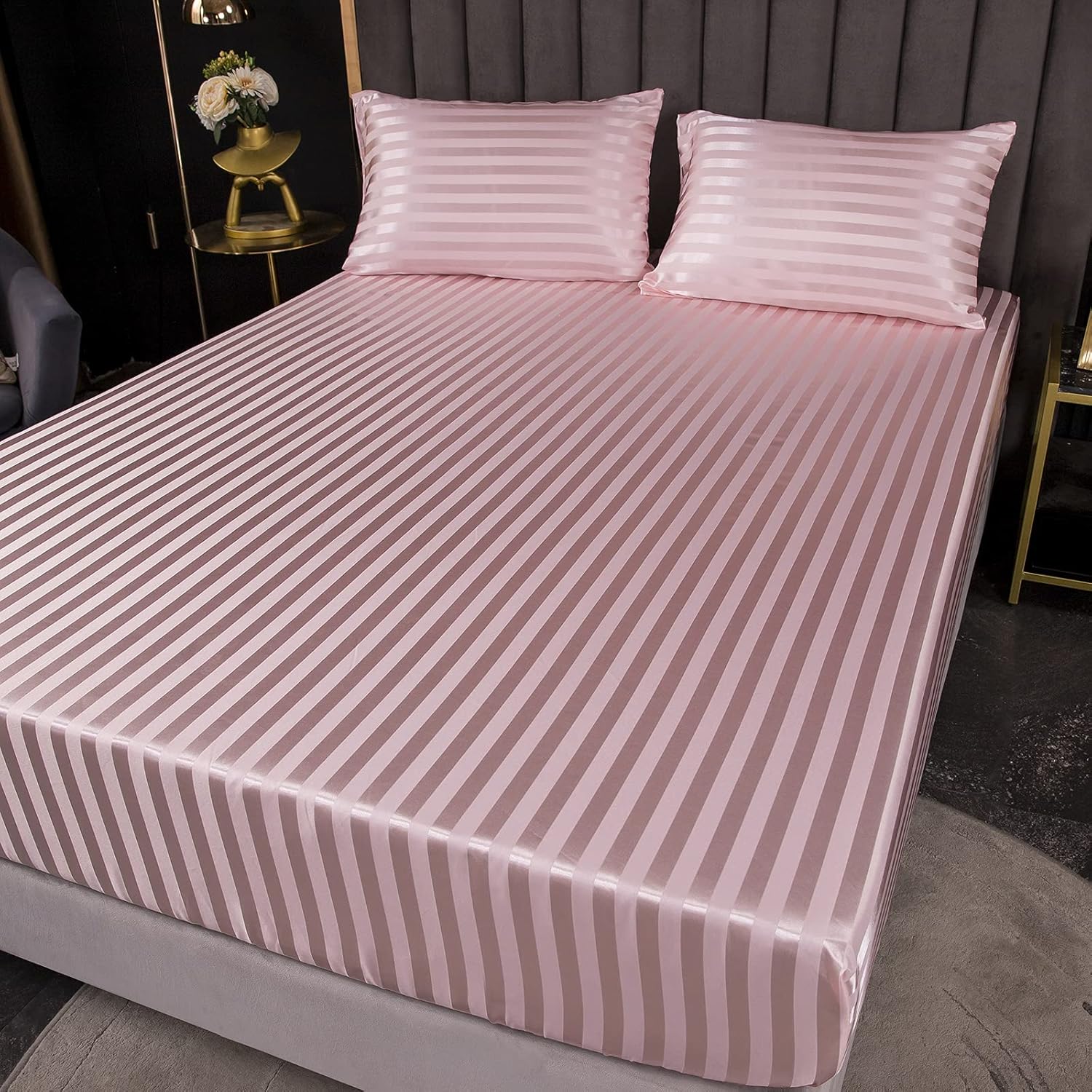 Imitated Silk Jacquard Satin Striped Protector Dust Protection Single Breathable Bed Cover Bedspread Deep Pocket Coverlet Bedspread Coverlet (2# Pink, US-Q/UK-K:153x203x35cm)