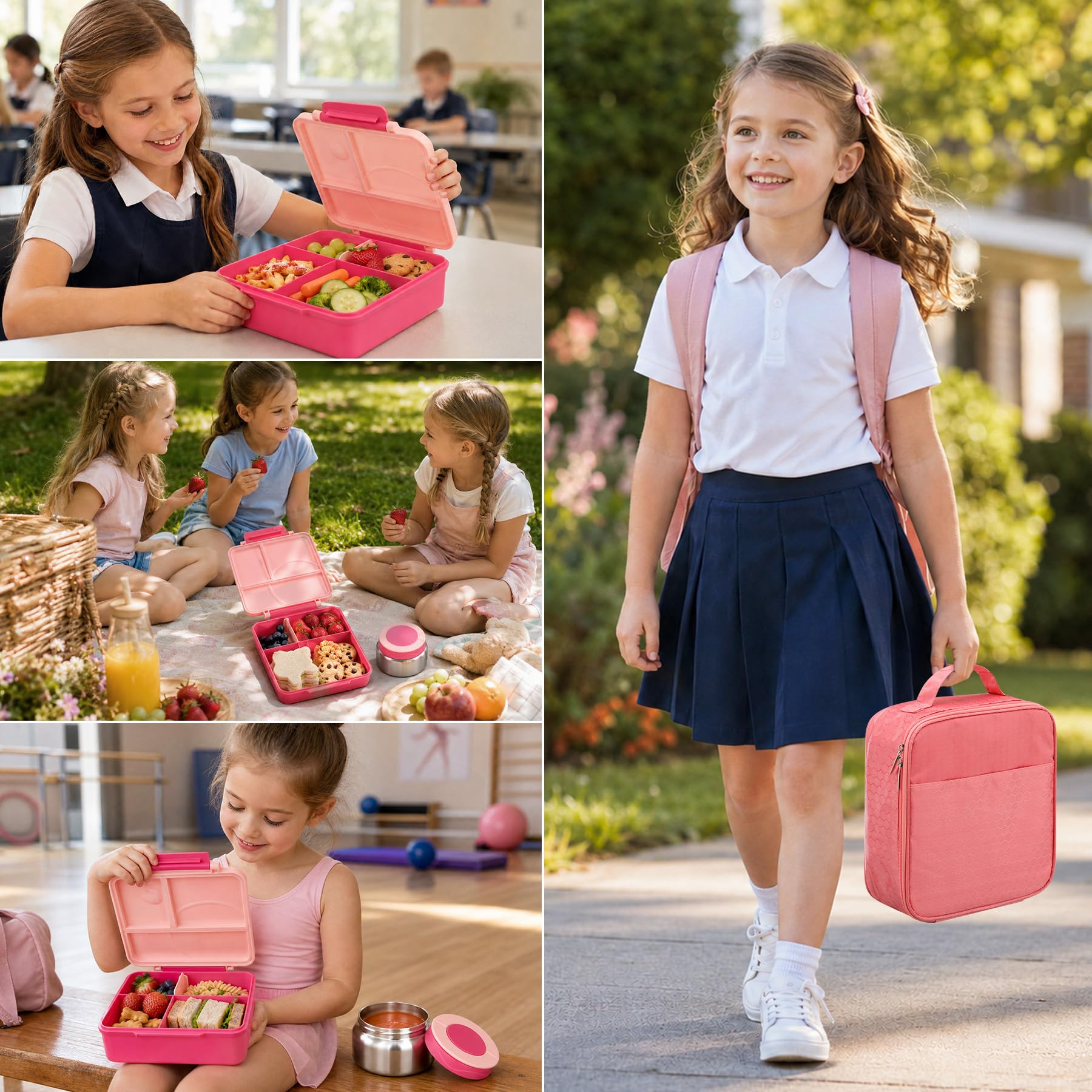 Bento-Lunchbox für Mädchen mit 237 ml Suppen-Thermo- und Lunchtasche, auslaufsichere Lunch-Lebensmittelbehälter mit 4 Fächern, isoliertes Lebensmittelglas für Kinder, Schule (Rosa)