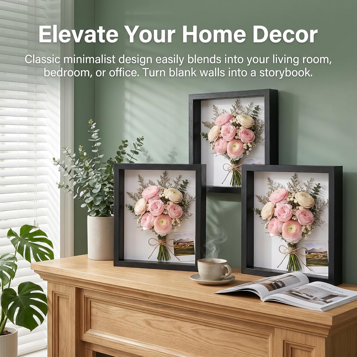 3 Pcs 8 x 8 Shadow Box Frame, Wooden Hollow Picture Frame with Clear Acrylic Front, Memory Display Case Bulk for Photos, Awards, Dried Flowers, Seashells and Memorabilia Decor (Black)