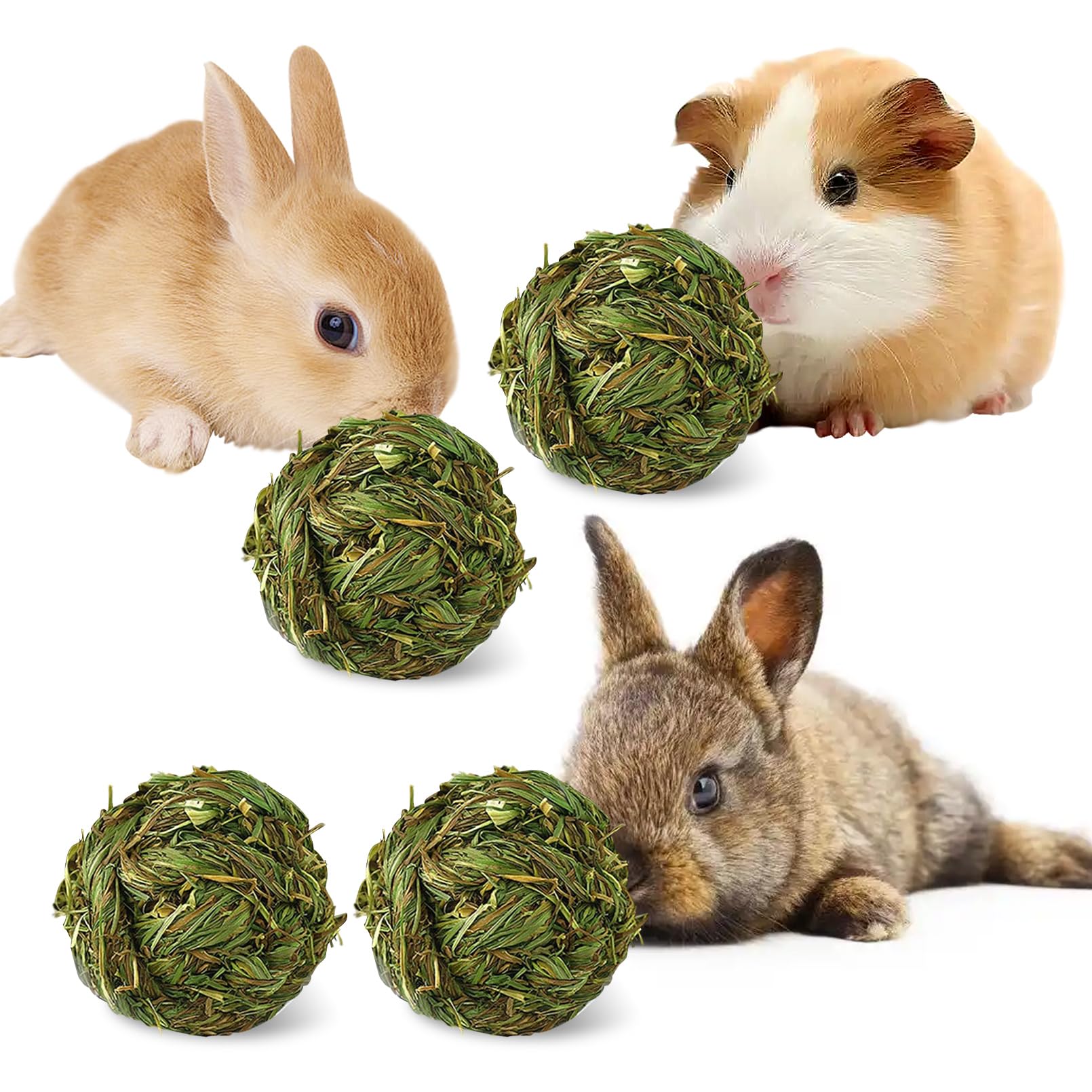 Hamiledyi 4 Pcs Rabbit Chew Ball Timothy Grass Ball Small Animal Activity Play Chew Toys Teeth Grinding for Bunny Rabbits Hamster Guinea Pigs Gerbils Chinchillas