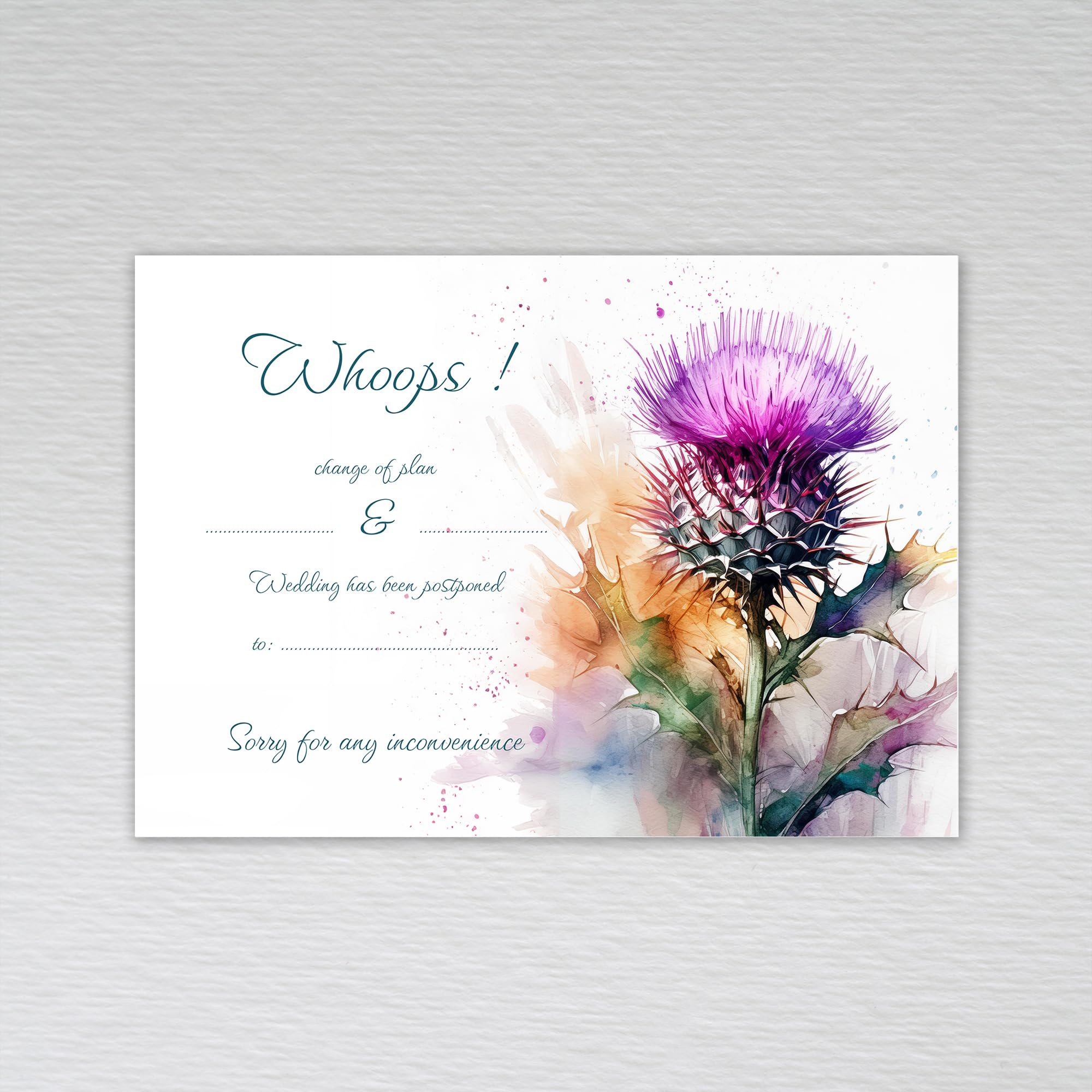 Scottish Change the Date Cards/Change of Plan Scotland Flower Theme: Scottish Thistle Wedding Postponal Cards (Pack of 50 without Envelopes)