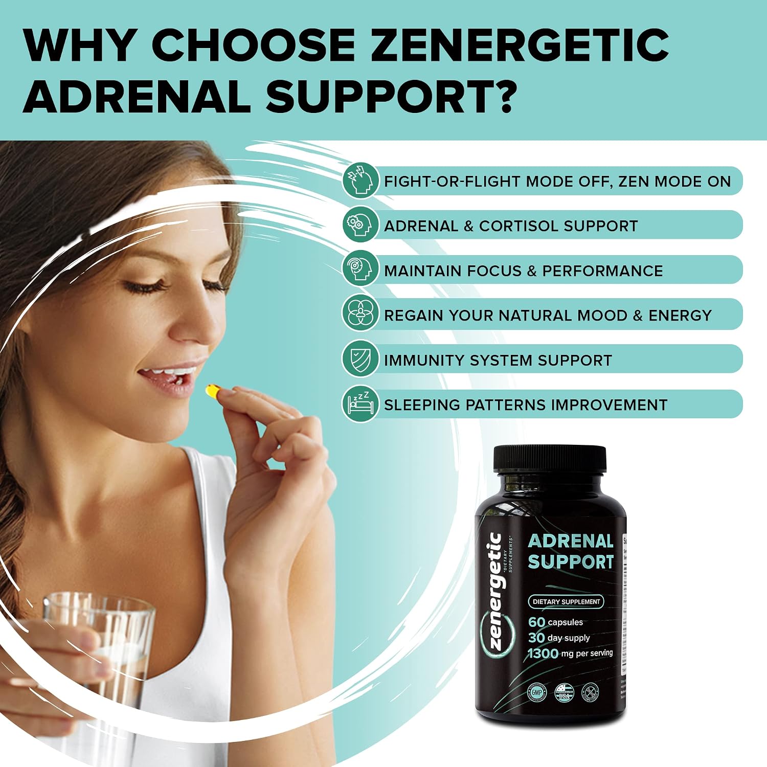 ZENERGETIC Adrenal Support Supplements │ Cortisol Manager, Calm Support, Mood & Energy Support, with Ashwagandha, L-Tyrosine, Rhodiola Rosea & Holy Basil │ 60 Pills Non GMO