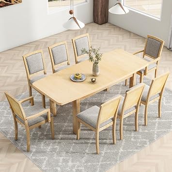 9-Pieces 84 Inch Extendable Kitchen Table Set for 8 Person, Rustic Heavy Duty Dining Table Set with 24" Removable Leaf and 6 Armless Chairs and 2 Arm Chairs for Home, Natural