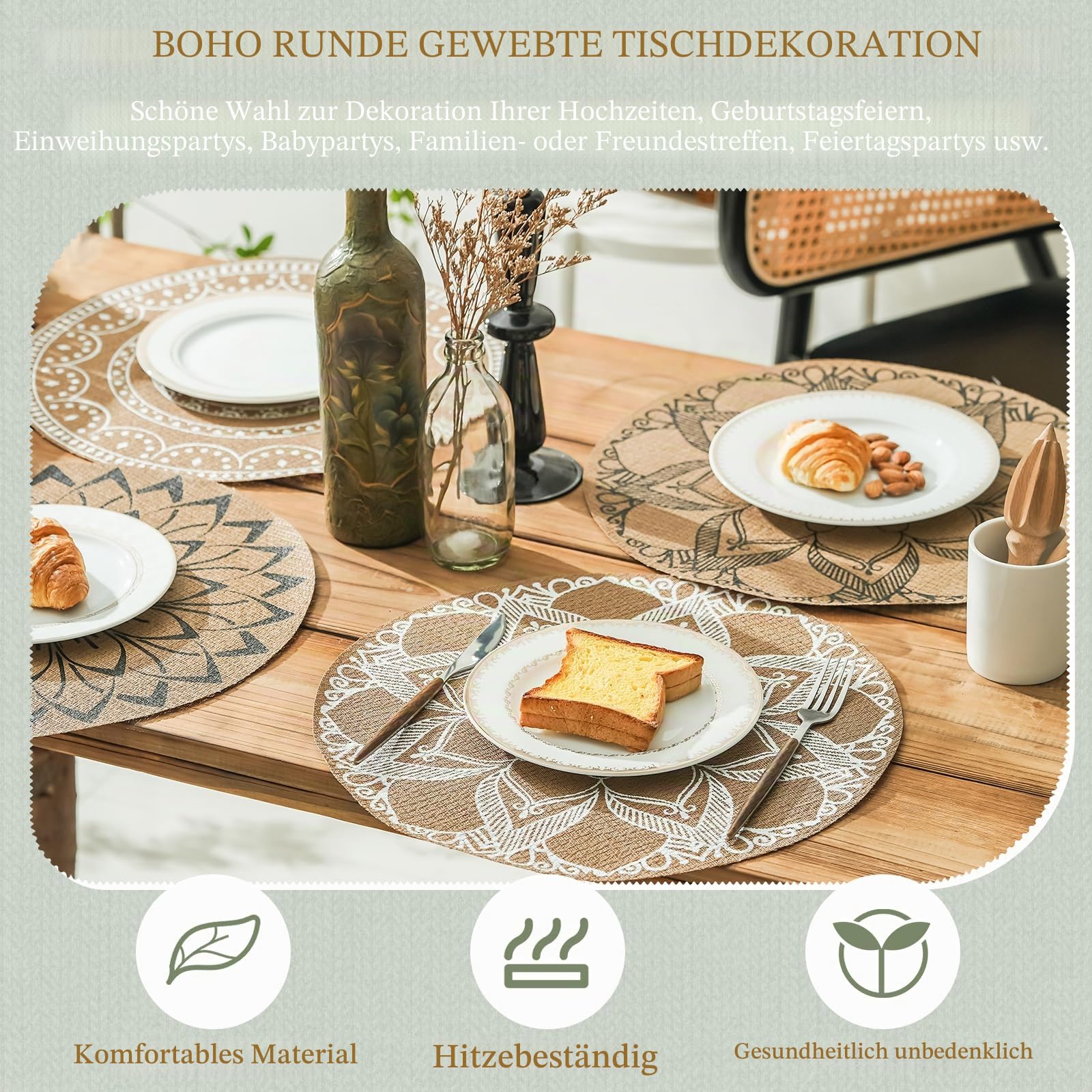 Boho Runde Tischsets 6er Set - Waschbar, Hitzebeständig, Wasserdicht - Mandala Jute Essmatten für Bohemian Table Settings