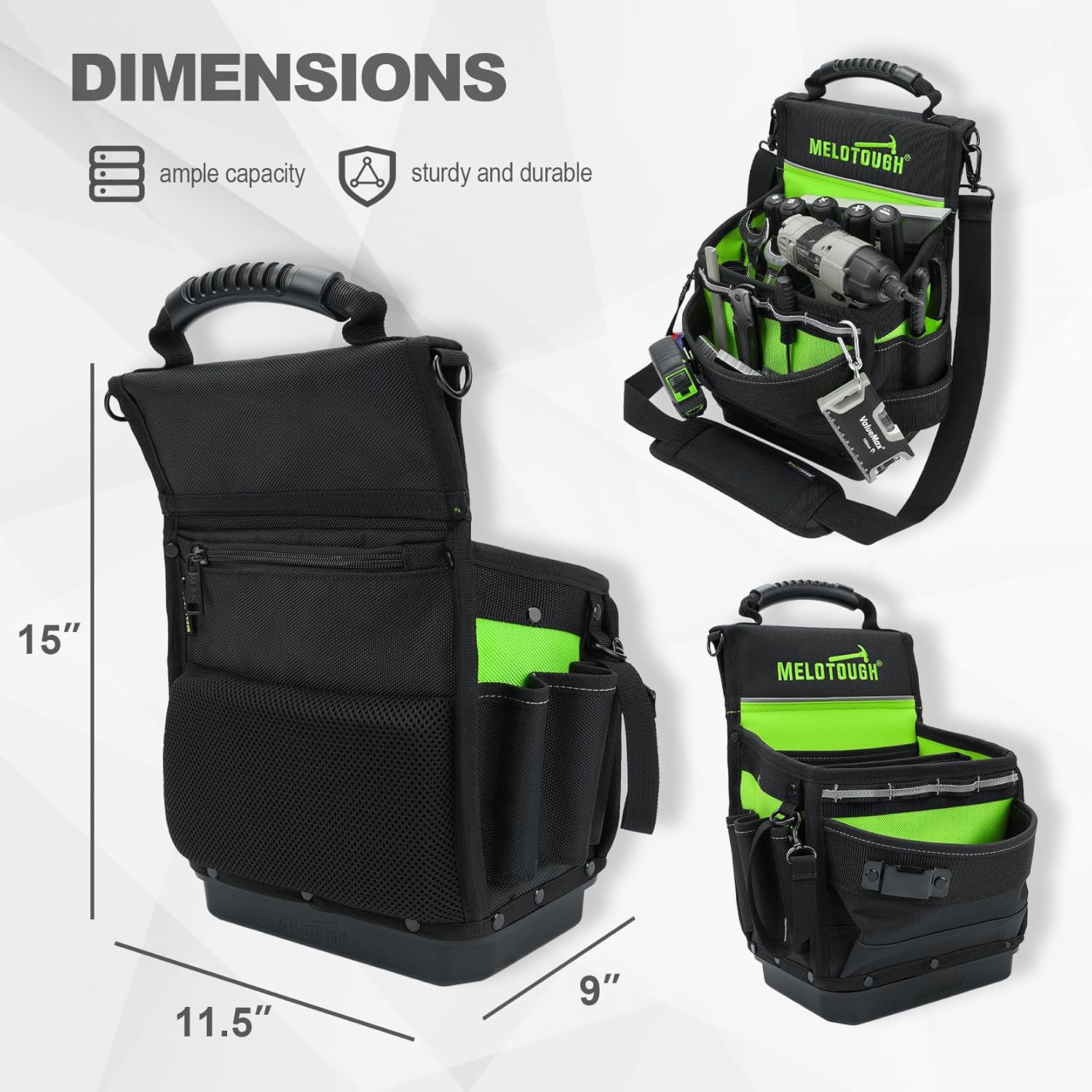 MELOTOUGH Electrician Tool Pouch Bag with Padded Shoulder Strap Constructed Professional 27 Pockets Pouch with Belt Clip Easy Access Tool Belt Pouch with Hard Bottom for Carpenter/Technican