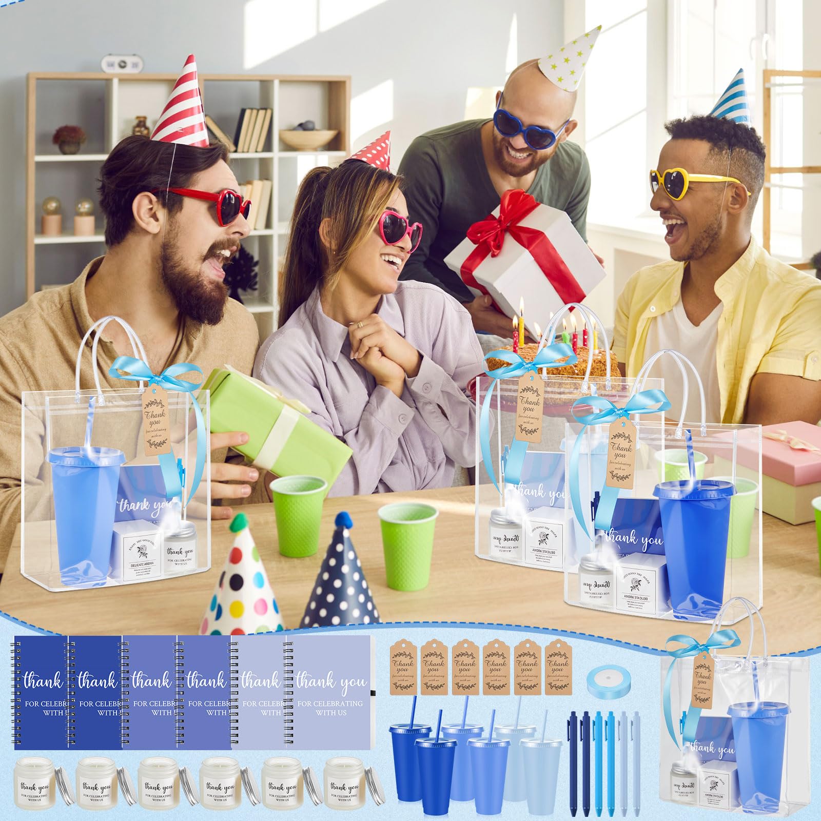 Nuogo 12 Sets für neue Eltern Duschpreise für Spielergewinner, Erwachsene, Hochzeit, Brautparty, Geschenk, Kunststoff-Becher, Notizbuch, Duftkerze, Kugelschreibertasche (Farbverlauf, Blau, klassischer