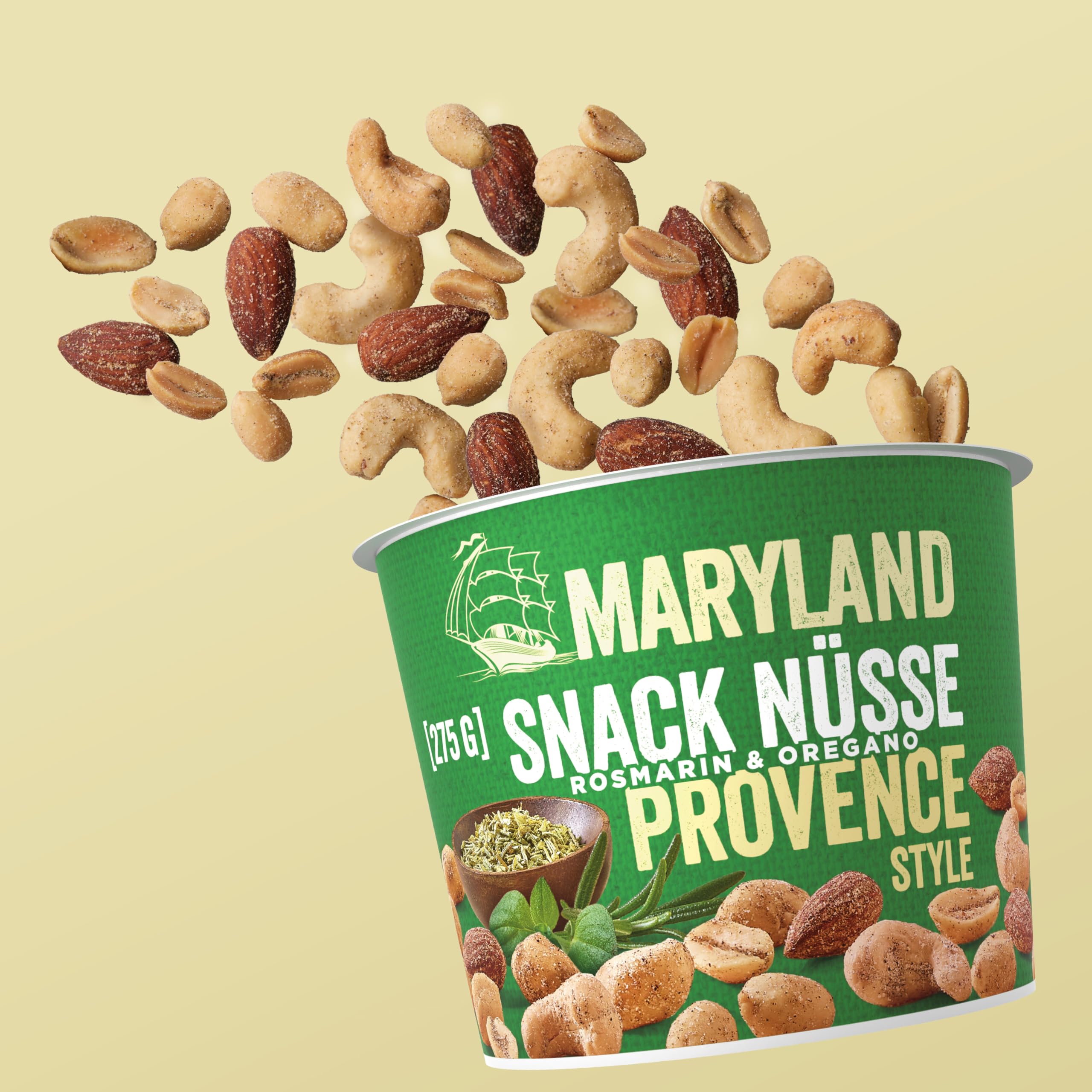 Maryland Snack Nüsse Provence 275g Becher – Mediterran gewürzte Nussmischung mit gerösteten Erdnüssen, Cashewkernen und Mandeln – Würze aus Rosmarin & Oregano (6 x 275g)