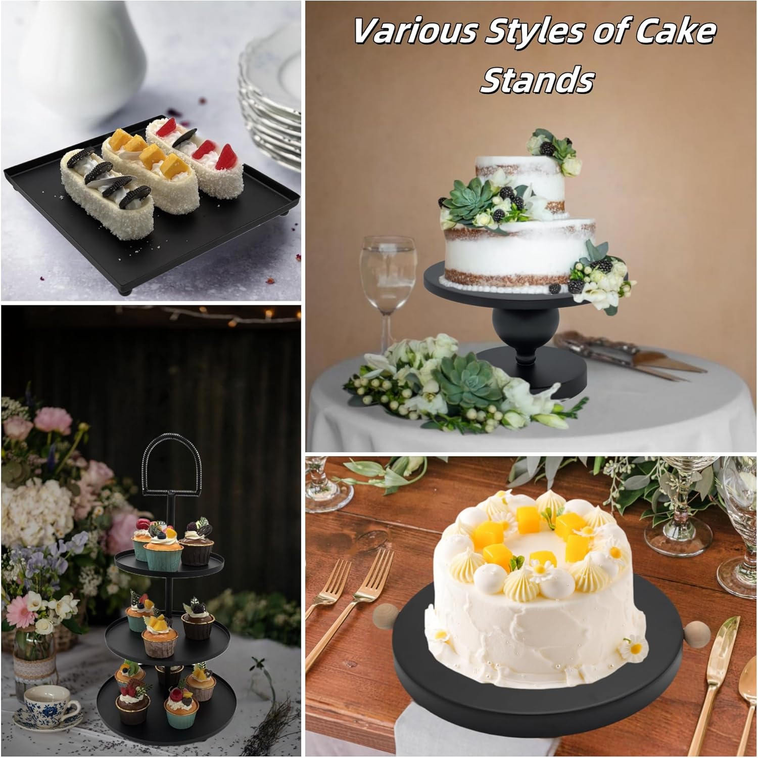 Set of 7 Black Cake Stands Metal Dessert Display Holder Round 3 Tier Cupcake Stand Serving Tray Platter Cake Pedestal Stand for Party Weddings Birthday Baby Showers Anniversary - Image 3