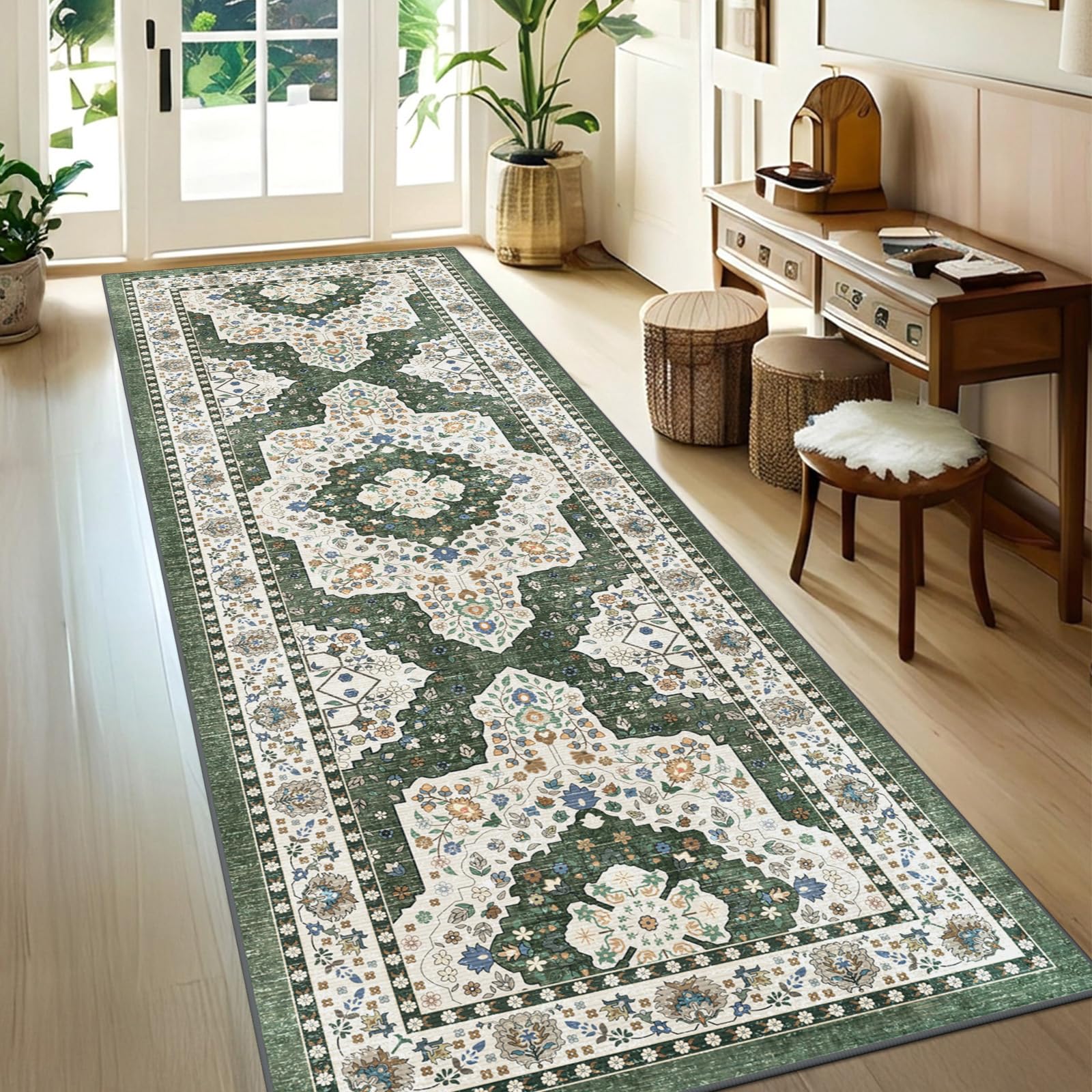 TUKDAK Vintage Teppich Läufer Flur 60x180cm, Dunkelgrün Boho Teppichläufer für Flure rutschfest, Waschbar Kurzflor Küchenläufer, Weich Küchenteppich für Flur Waschküche Eingang Wohnzimmer