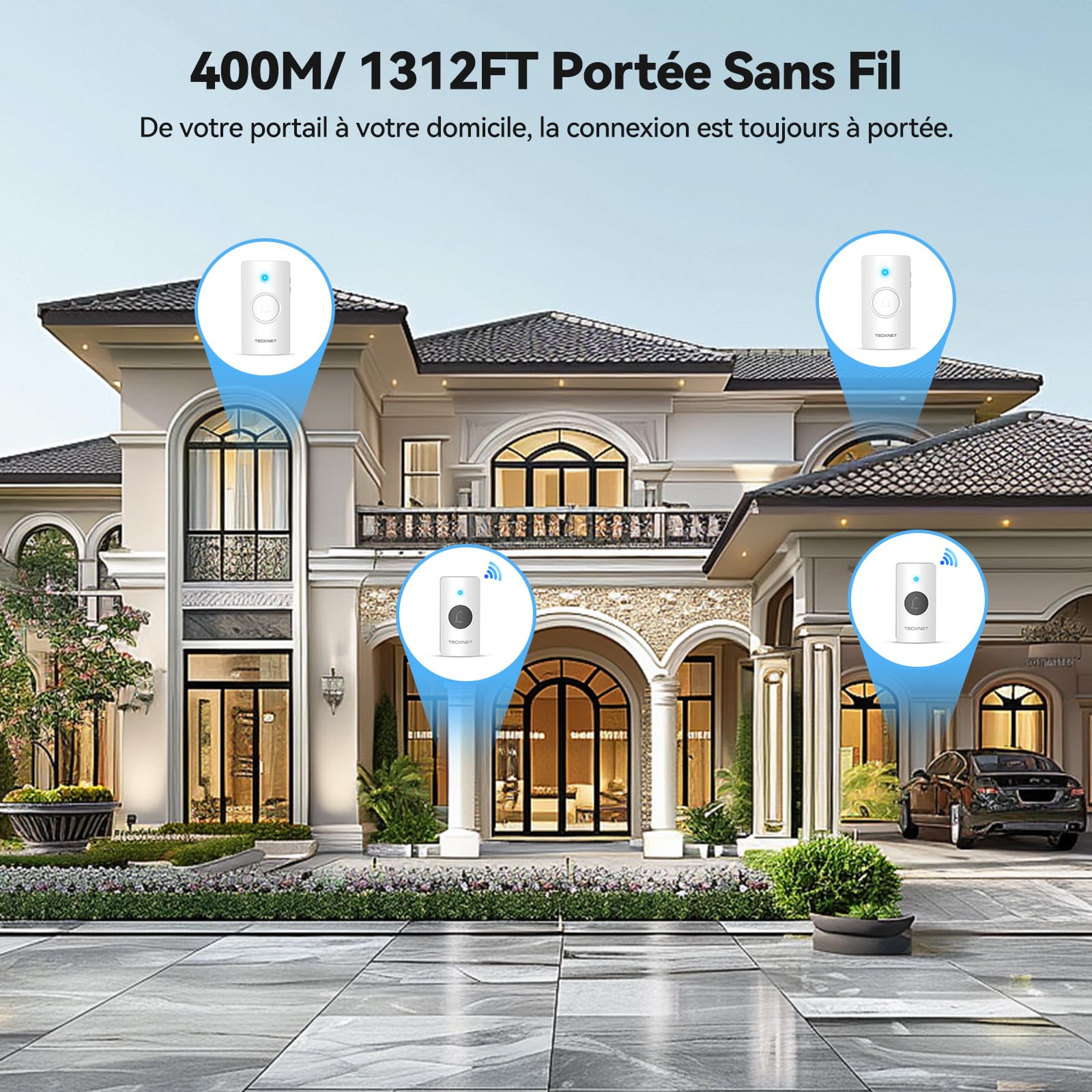 TECKNET Sonnette, IP67 sonnette sans fil exterieur etanche, 400 m sonnette sans fil longue portée, sonnette sans fil avec 60 Klingeltöne, sonette sans fil avec 2 émetteurs & 2 récepteur à piles