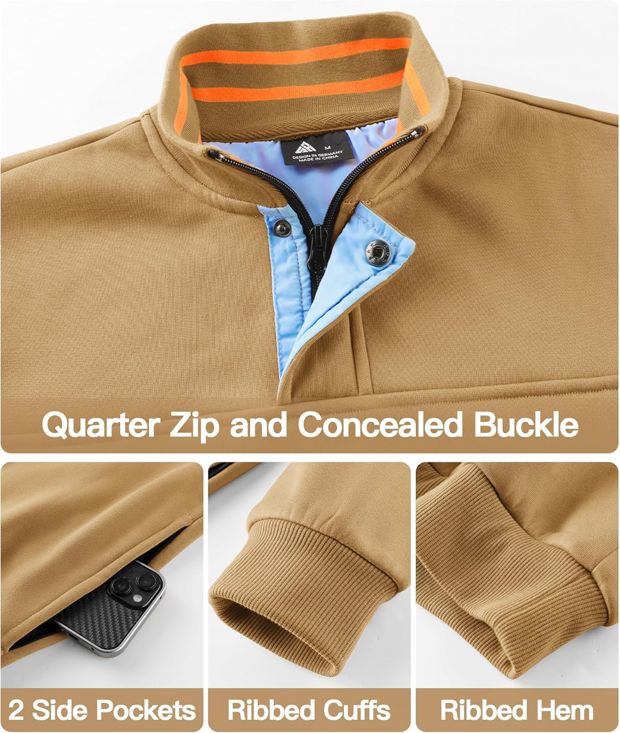 ZITY Mens Quarter Zip Pullover Fleece Lined Long Sleeve Casual Sweatshirts with Side Pockets - Image 5