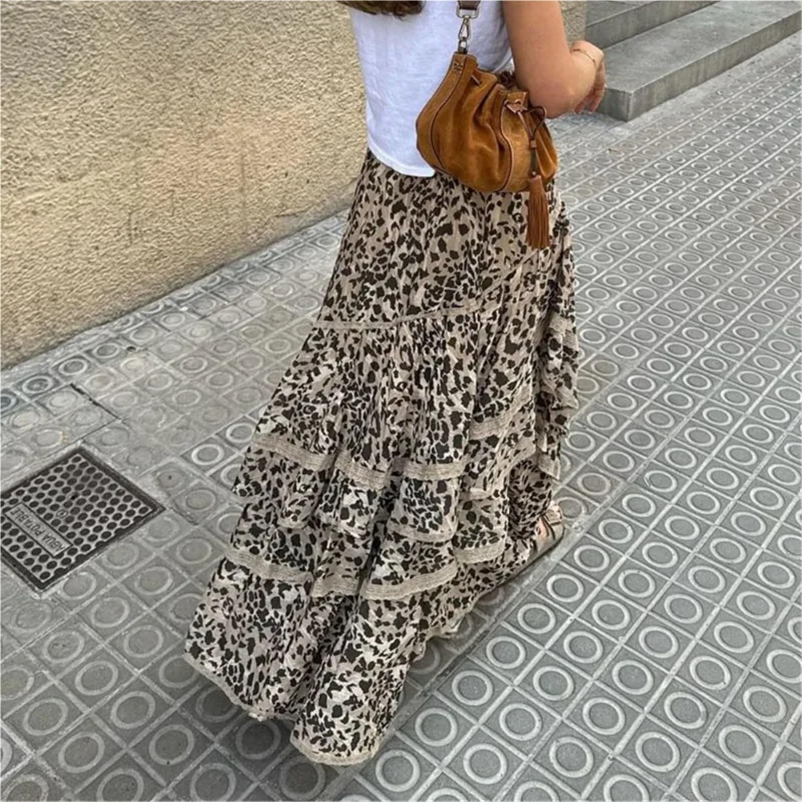 Falda de Leopardo Falda Larga de Fiesta Verano for Mujer, Falda Ajustada Cintura Alta con Volantes para Rave