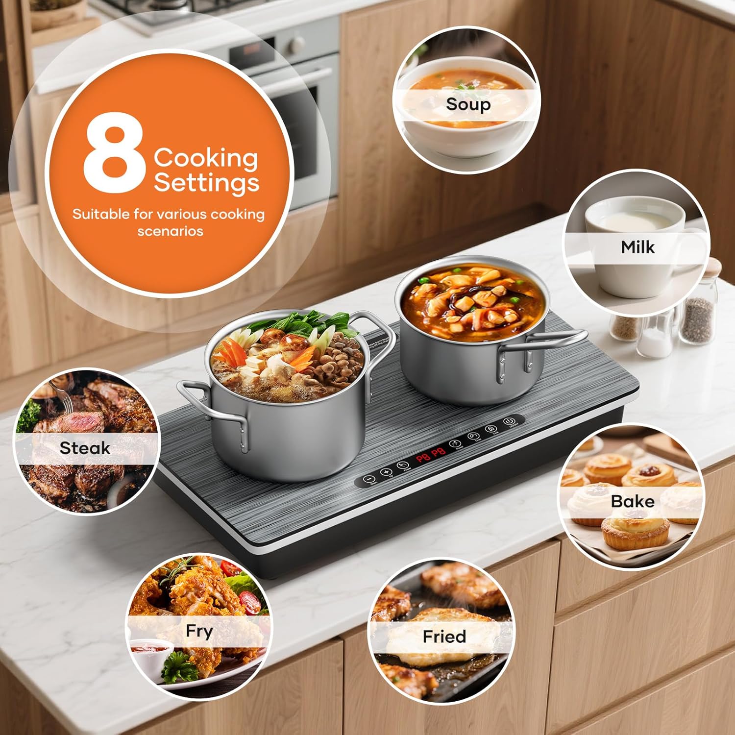 1800W Dual Induction Cooktop, Silver Wood-Grain Panel, 2×900W Burners, Touch Control, 8 Heating Levels, Timer, Black Ceramic Glass, Compatible with Magnetic Cookware