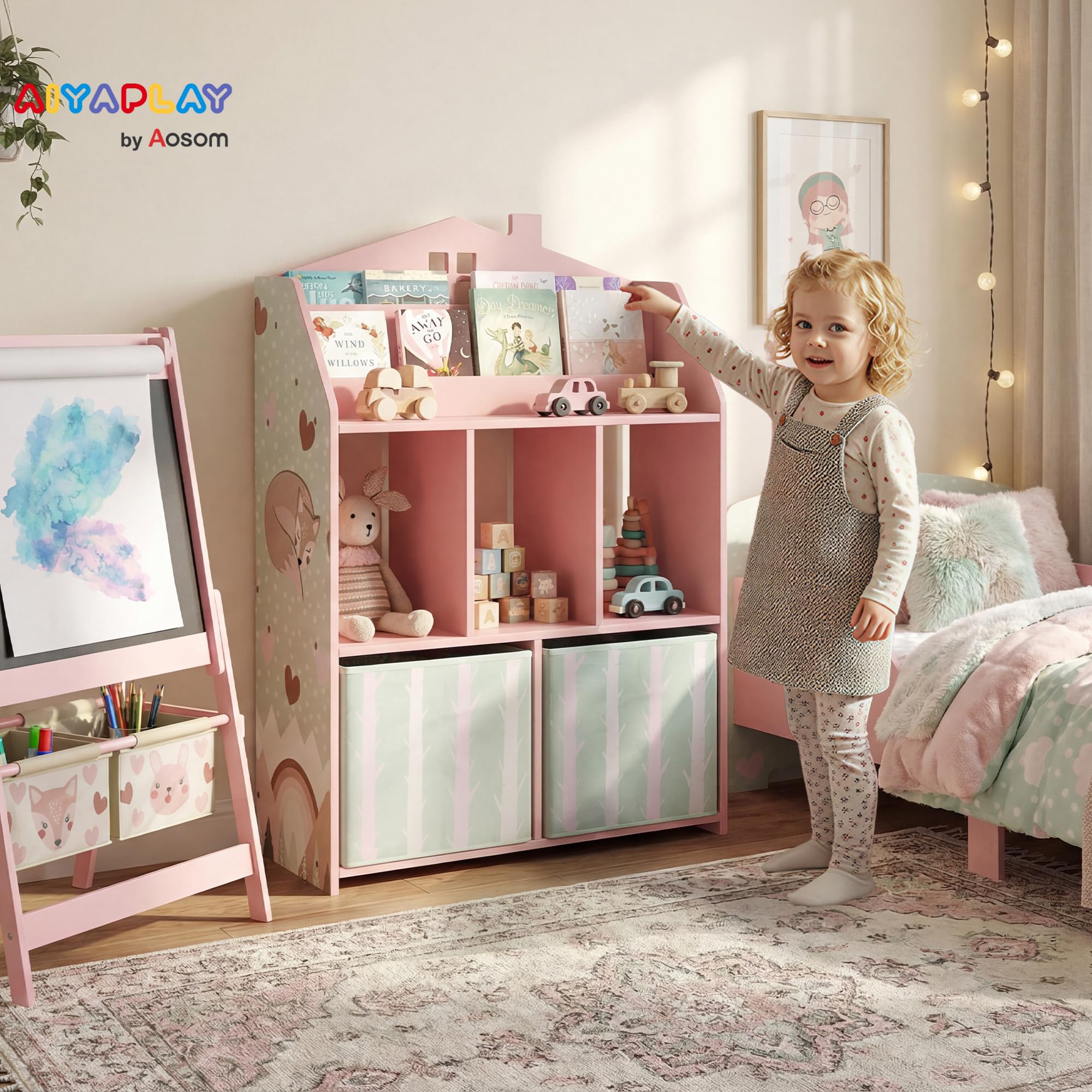AIYAPLAY Meuble Rangement Enfant, bibliothèque Enfants avec étagères Ouvertes et 2 tiroirs en Tissu, Forme de Maison et Motif de Renard, Rangement Jouet pour Chambre d'enfants Salle de Jeu, Rose