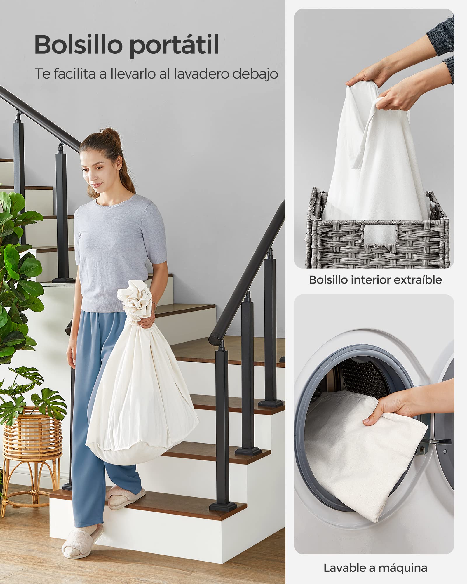 SONGMICS LCB363G01 Cesta para la ropa sucia con tapa, 140 l, cesta tejida con ruedas, 3 compartimentos, bolsa interior extraíble, para lavandería, dormitorio, 66 x 33 x 66 cm, color gris