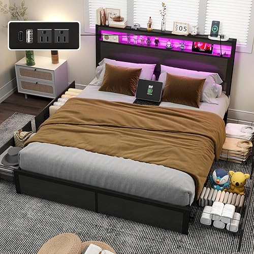Miniatura 9 de Base de cama de tamaño matrimonial con almacenamiento, plataforma de cama de madera LED con cabecero, 4 cajones, estación de carga, no necesita
