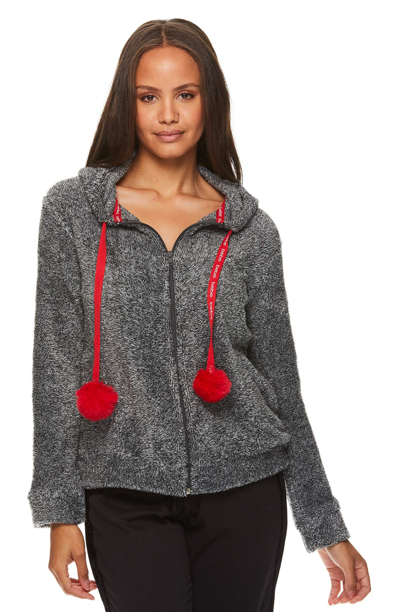 bebe Womens Zip Up Ultra Soft Elastic Hem Wrists Pompom Drawstring Hoodie Charcoal Heather Small