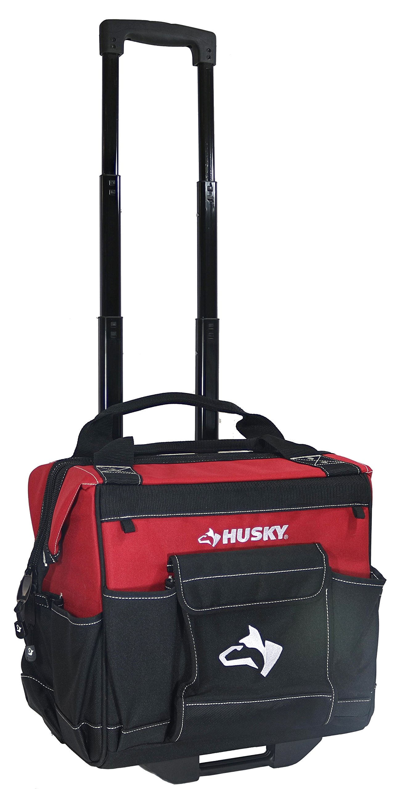Husky 14 Inch 600Denier Red WaterResistant Contractors Rolling Tool Tote Bag w/ Telescoping