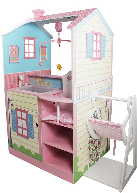 Olivia's Little World - Centro de guardería de madera para muñecas bebé todo en uno de 16 a 18 pulgadas - Casa de muñecas de doble cara para muñecas con columpios - Cambiador multifuncional - rosa y azul