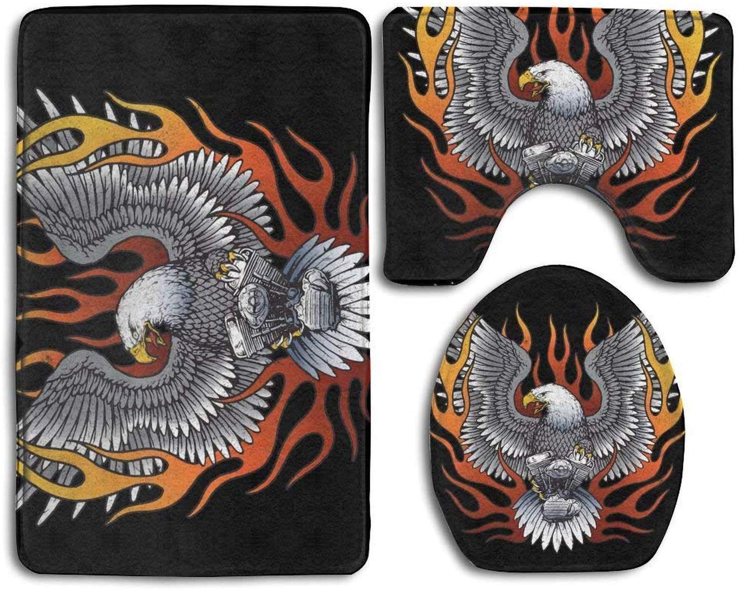 Invinciblefrme Hytrg Household Rock Eagle Bathroom Mats, Contour Rug, Toilet Lid Cover - Non-Slip 3-Piece Rug Set for Bathroom