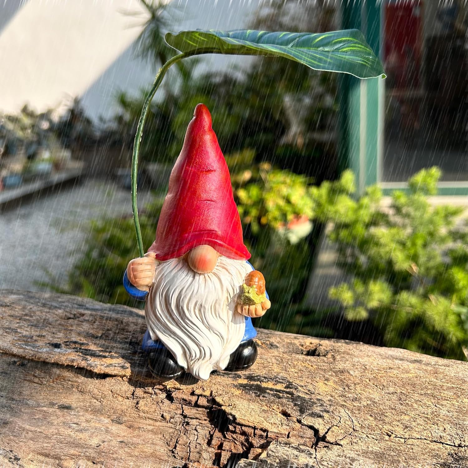 Statue de nain de jardin avec parapluie en feuille - Figurine décorative pour intérieur et extérieur, maison, terrasse, cour, pelouse, pour les amateurs de nains et les amateurs de jardin, maman