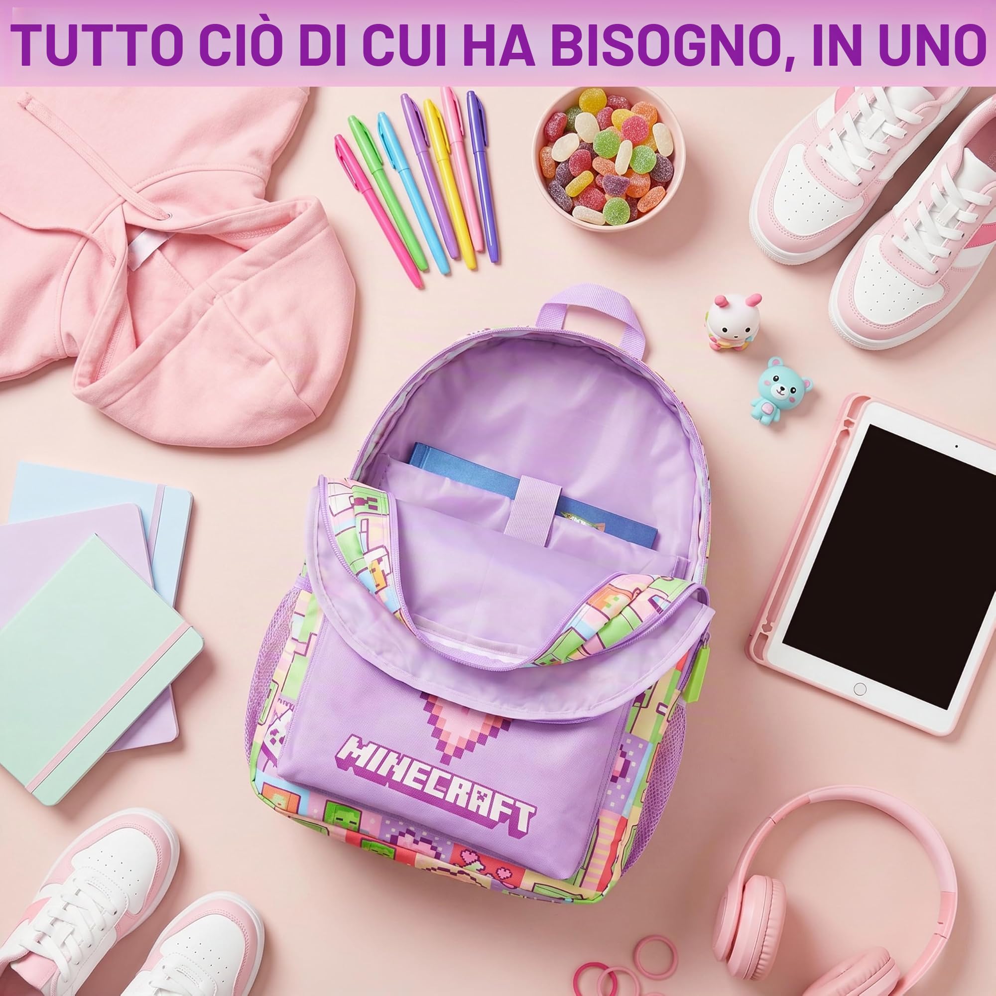Get Trend Minecraft Grande Zainetto Bambina, 46 cm Borsa Zaino Scuola Multi-Scomparto e Spallacci Regolabili per Scuola e Gite, Idea Regalo (Multi Minecraft)