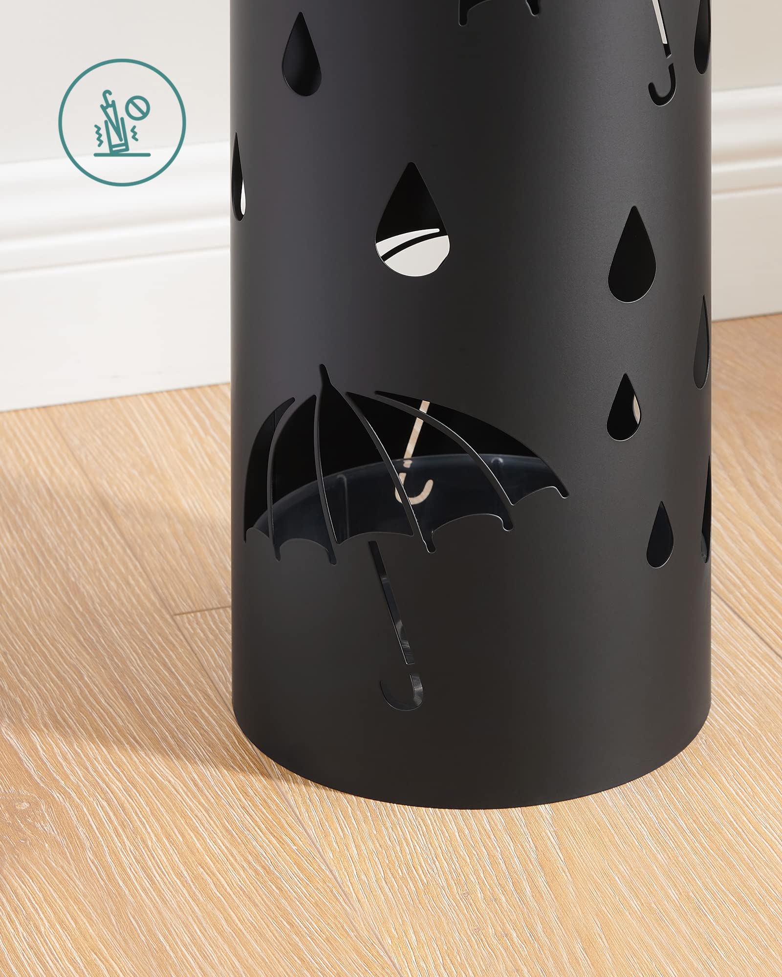 SONGMICS Design, stojak na parasol, okrągły, metalowy, z 4 haczykami, zdejmowana taca na wodę, 17 x 41 cm (Ø x wys.), do wejścia, korytarza, czarny LUC024B01